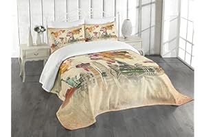 Lunarable Travel Bedspread, Landmarks of The World 7 Wonders Europe Asia and America Abstract Map Modern, Decorative Quilted 3 Piece Coverlet Set with 2 Pillow Shams, Queen Size, Sepia Cream