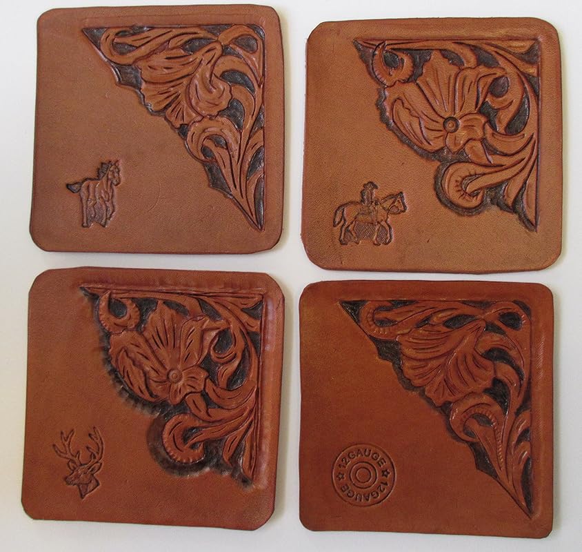 COASTERS Set of 4. Genuine Leather. Beautiful Tooled