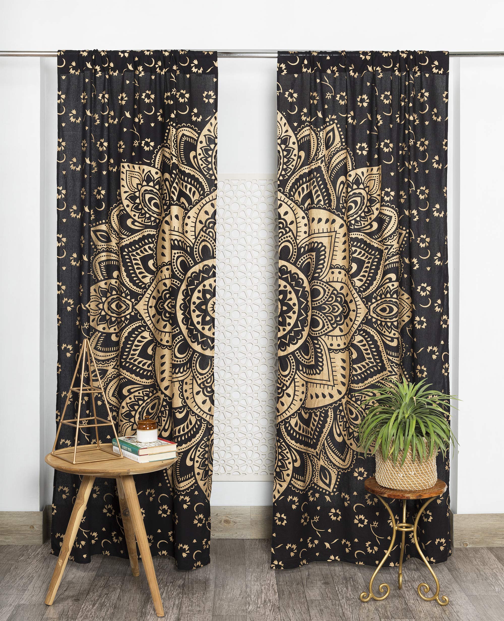 Popular Handicrafts Indian Hippie Bohemian Beautiful Ombre Color Mandala Curtain Panels Black Gold — image 1