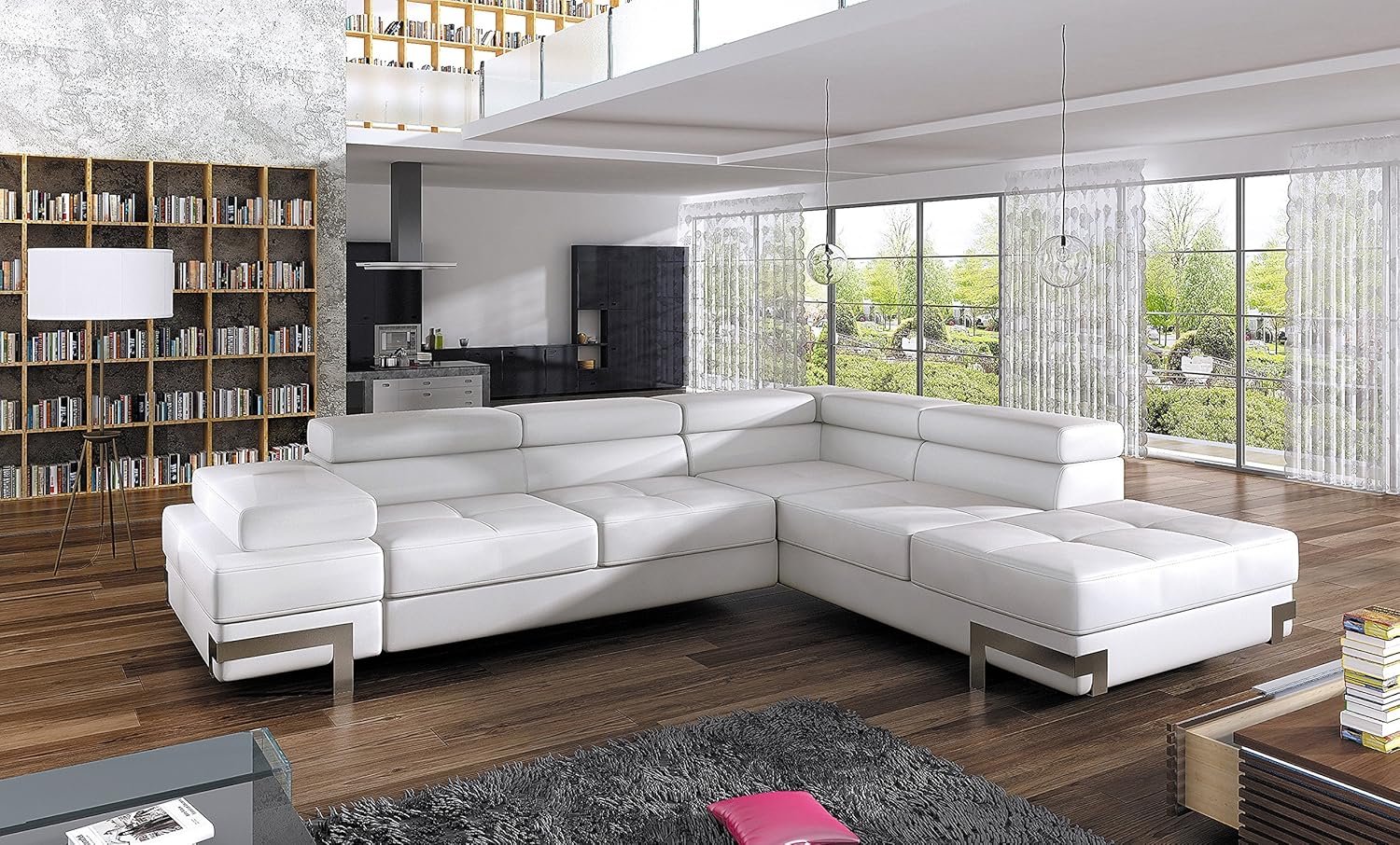 EMPORIO 4 SEATER WHITE FAUX LEATHER CORNER SOFA BED With ARMREST