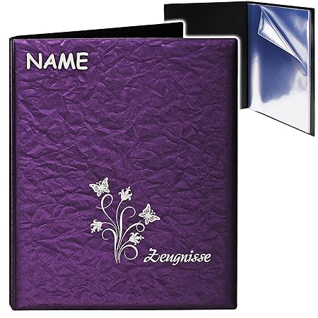 A4 - Zeugnismappe / Dokumentenmappe - ' Zeugnisse ' _ ' Schmetterlinge & Blumen - 3D Metallic Effekt - lila / violett ' - ink