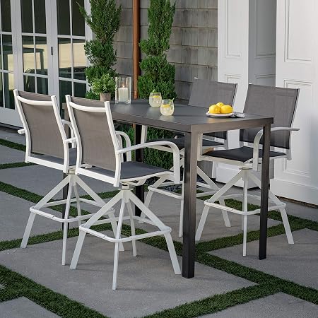 Amazon Com Hanover Naples 5 Piece High Dining Set With 4 Swivel Chairs And A Glass Top Bar Table White Gray Napdn5pcbr Wg Outdoor Furniture Garden Outdoor