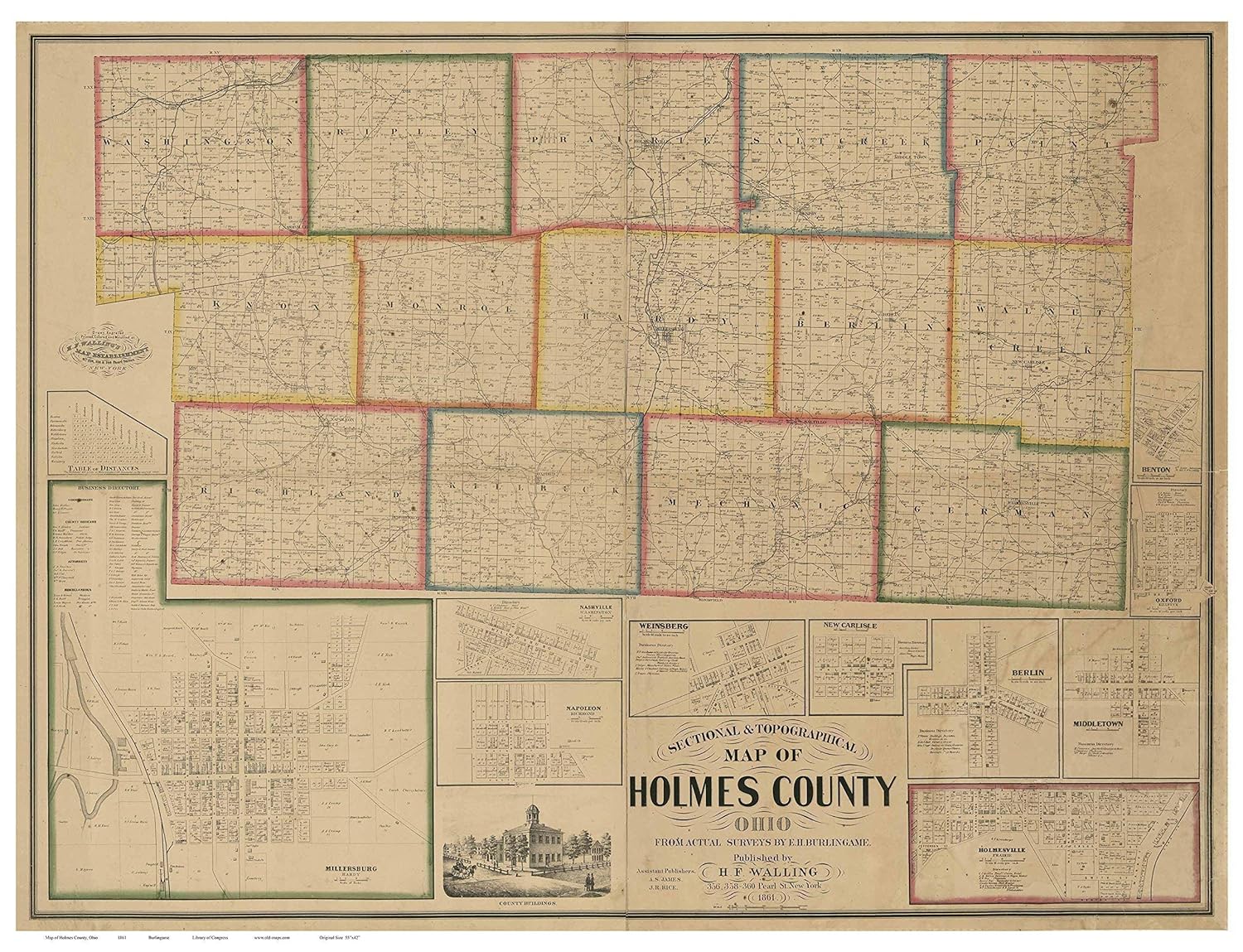 Holmes County Ohio 1861 Wall Map with Homeowner Names