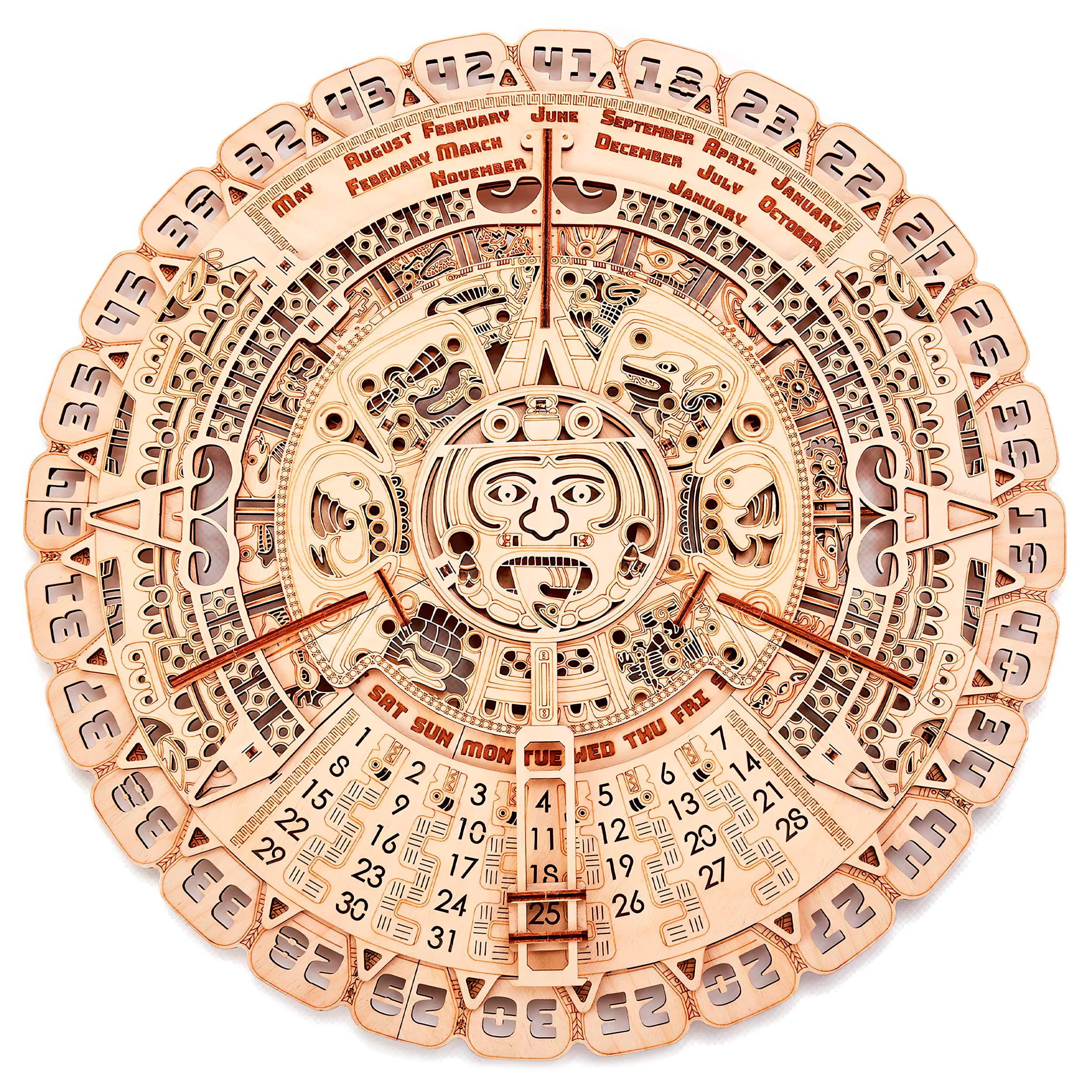 Wood Trick Mayan Wall Calendar Wooden Mechanical Model - 3D Wooden Puzzle Assembly Constructor Brain Teaser for Adults and Kids Best DIY Toy Eco Wooden Toys - Aztec Calendar