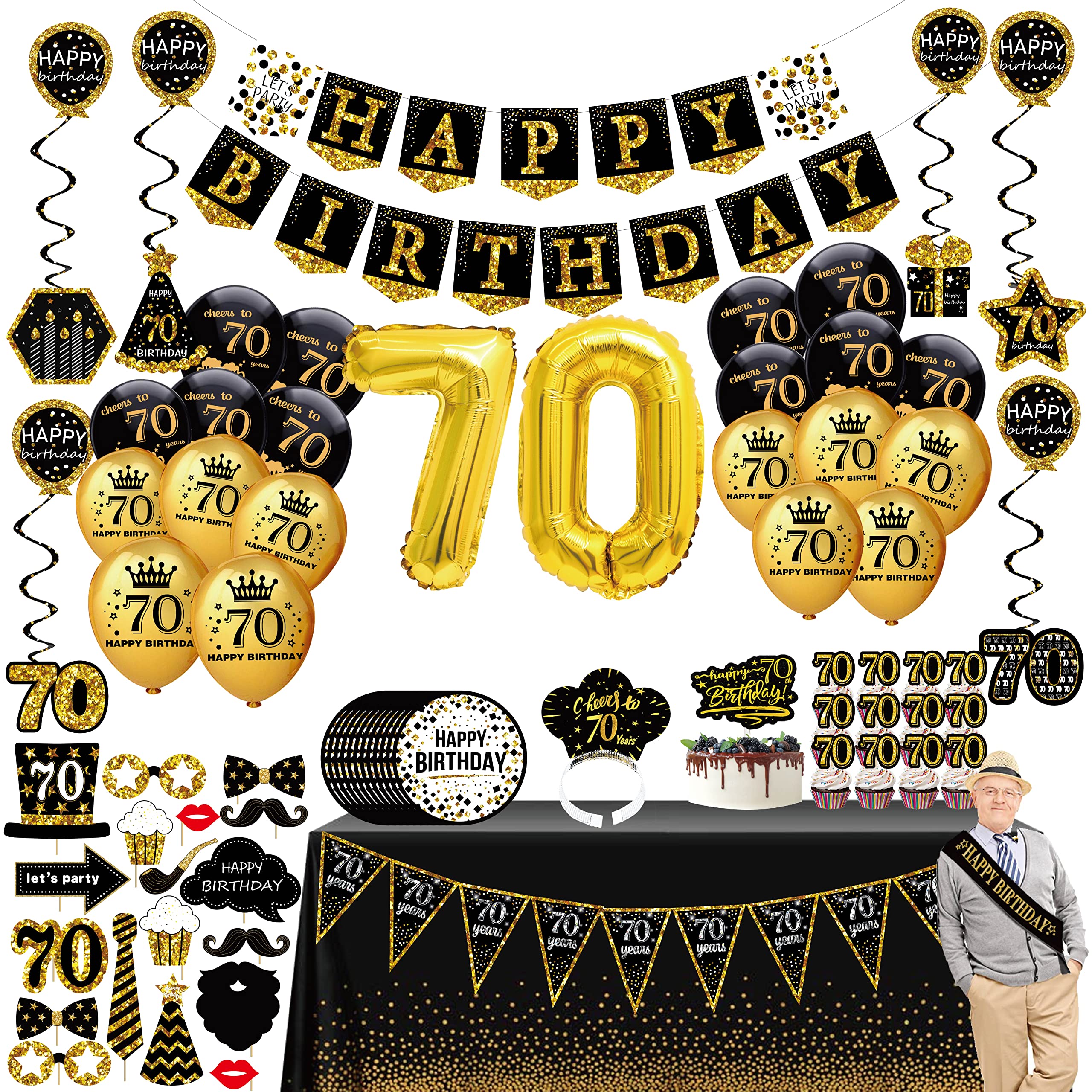 Photo 1 of 70th birthday decorations for men women - (76pack) black gold party Banner, Pennant, Hanging Swirl, birthday balloons, Tablecloths, cupcake Topper, Crown, plates, Photo Props, Birthday Sash for gifts