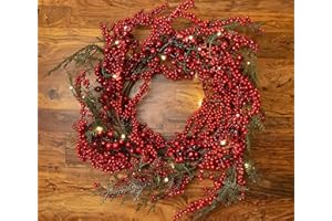 Red Co. 22” Light-Up Christmas Wreath with Red Cranberries, Battery-Operated LED Lights with Timer