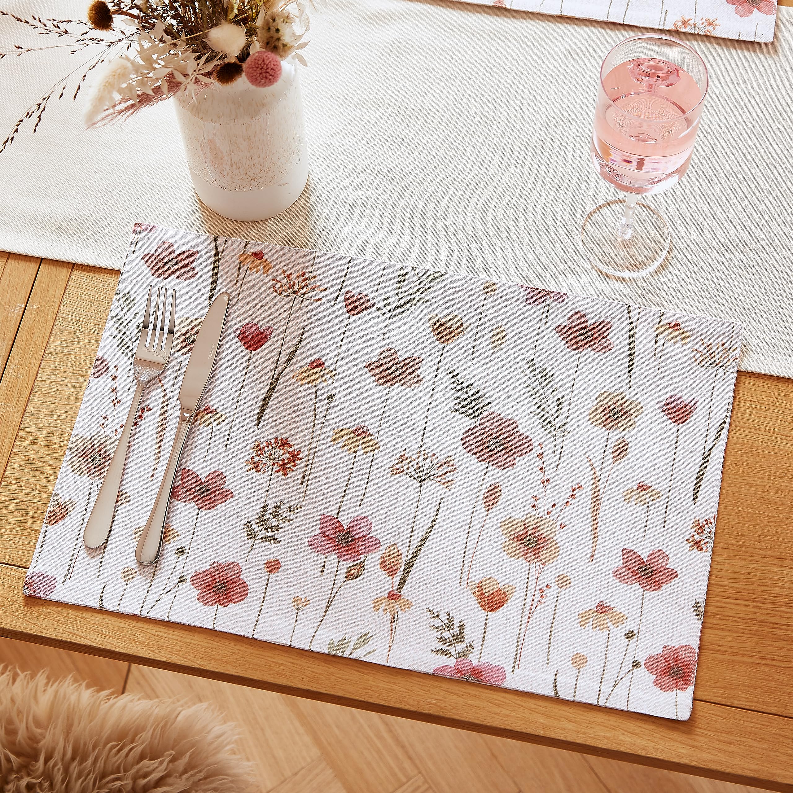 Catherine Lansfield Dining Harvest Flowers Cotton 30x46 cm Placemat Pair Natural