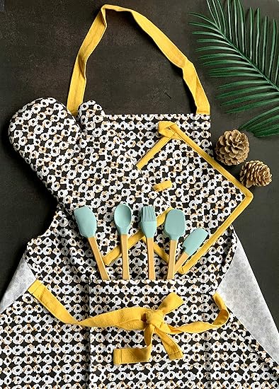 PIXEL HOME  Printed Apron with Centre Pocket 100% Cotton with Oven Mitten with Free Pot