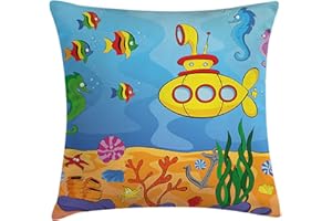 Ambesonne Yellow Submarine Throw Pillow Cushion Cover, Underwater Theme Vehicle Seahorse Starfish and Fish Print, Decorative Square Accent Pillow Case, 24" X 24", Marigold Aqua