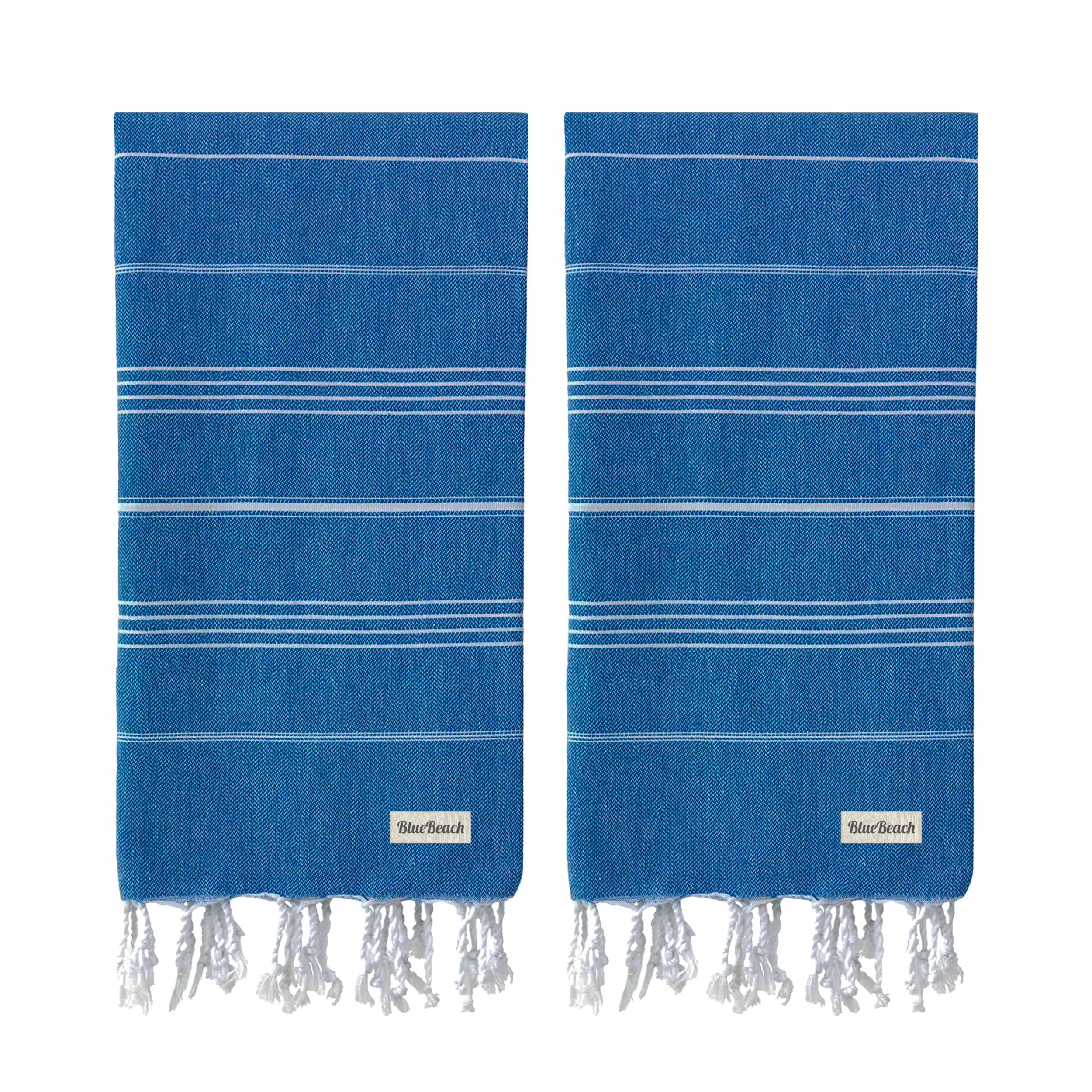 Blue Beach Turkish Towel - Set of 2-100x180cm Large Turkish Hammam Peshtemal Towel - Super Absorbent, Quick Dry, Lightweight, Compact Towels for Swimming, Bath, Gym and Travel (Blue)