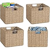 12x12x10in Seagrass Storage Baskets Set of 4, Large Wicker Storage Basket, Decorative Seagrass Shelf Basket, Pantry Baskets Organization,Folding Storage Cube Bins