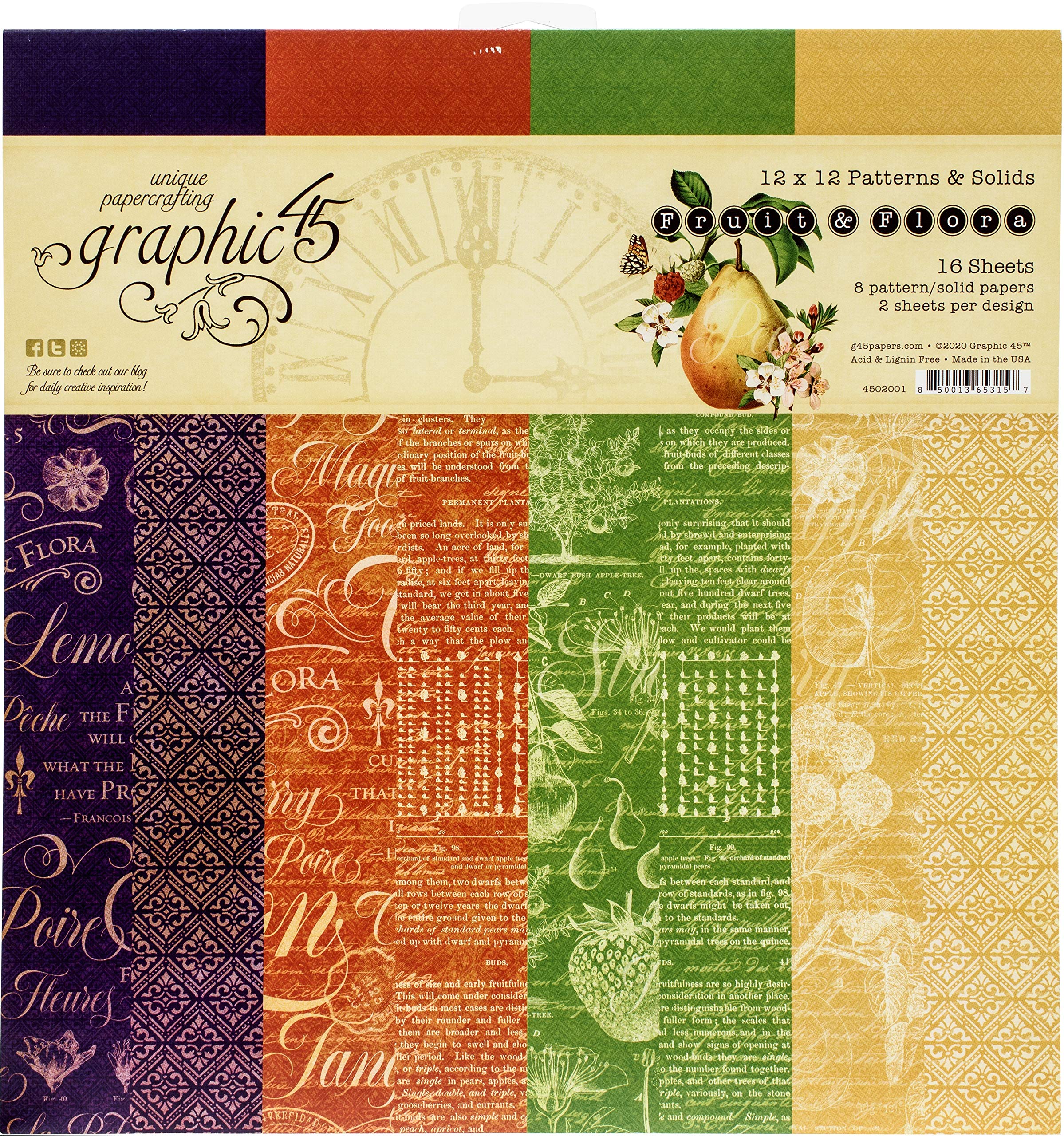 Graphic 45 Fruit & Flora Paper PRNT/Solid, Assorted, One Size