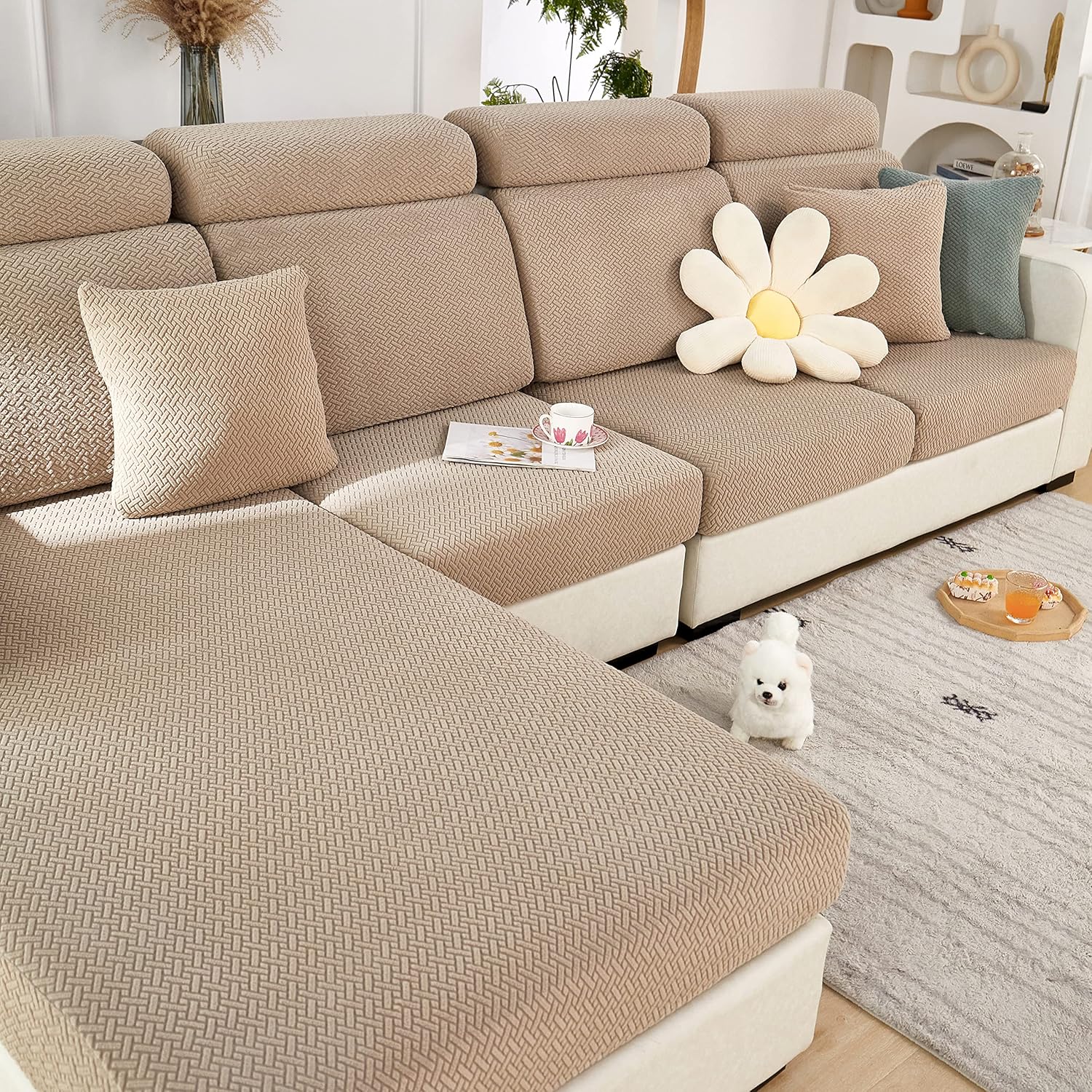 Slipcovers - Couch Cushion Covers Sectional Sofa L Shape Slipcover Elastic Couch with Chaise Lounge Cover Furniture Protector for Living Room (Length 61-73inch Width 35-43inch, Chaise Cover) Weave Camel