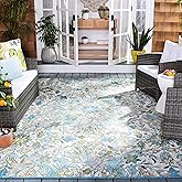 SAFAVIEH Washable Rug Outdoor Barbados Collection - 9'1 x 12'5", Ivory & Light Blue, Non-Shedding & Easy to Clean, Ideal for 