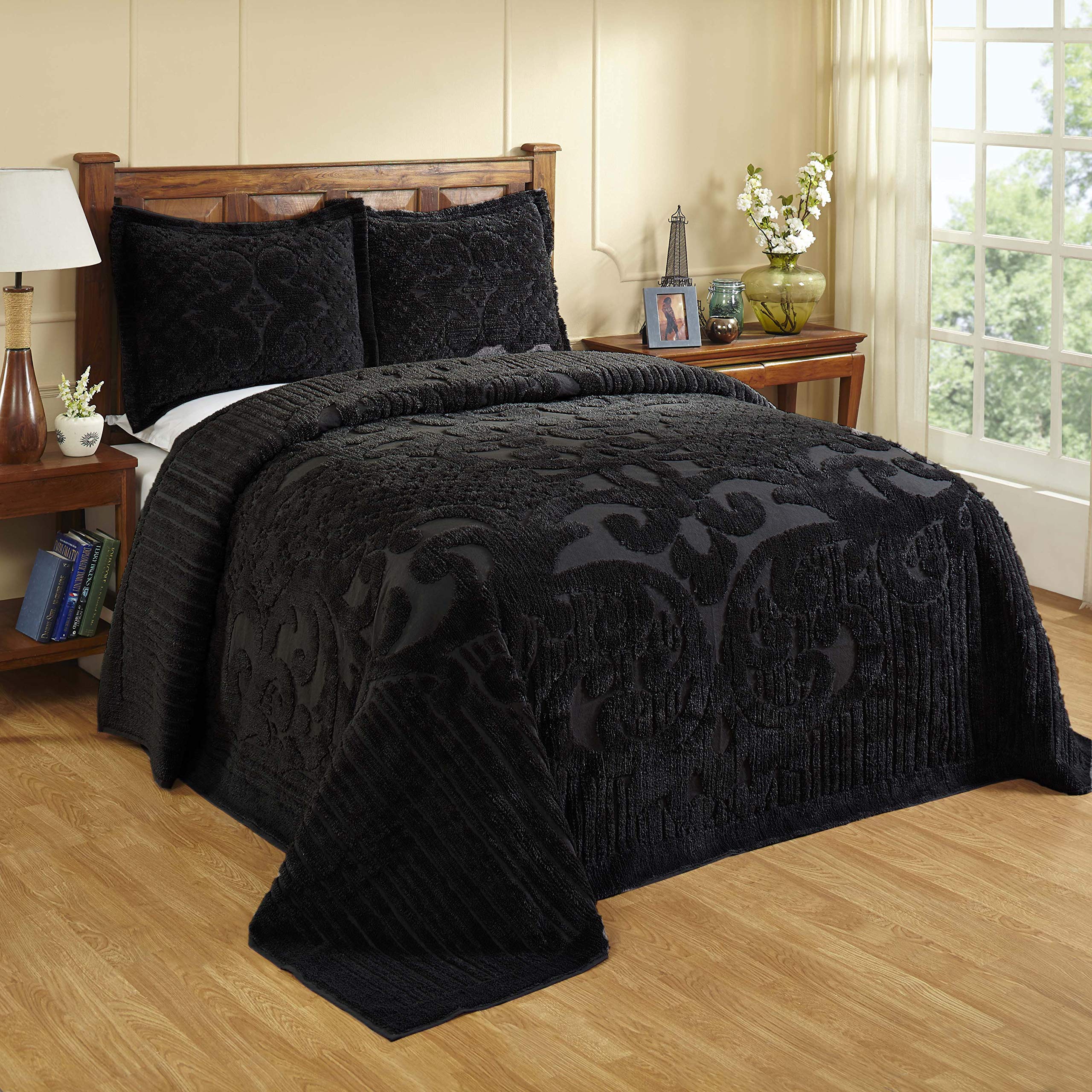 Better Trends Ashton Collection is Super Soft and Light Weight in Medallion Design 100 Pecent Cotton Tufted Unique Luxurious Machine Washable Tumble Dry, King Bedspread, Black