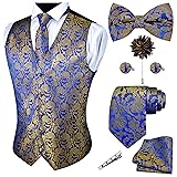 GUSLESON Mens Gold Blue Floral Suit Vest Tie and