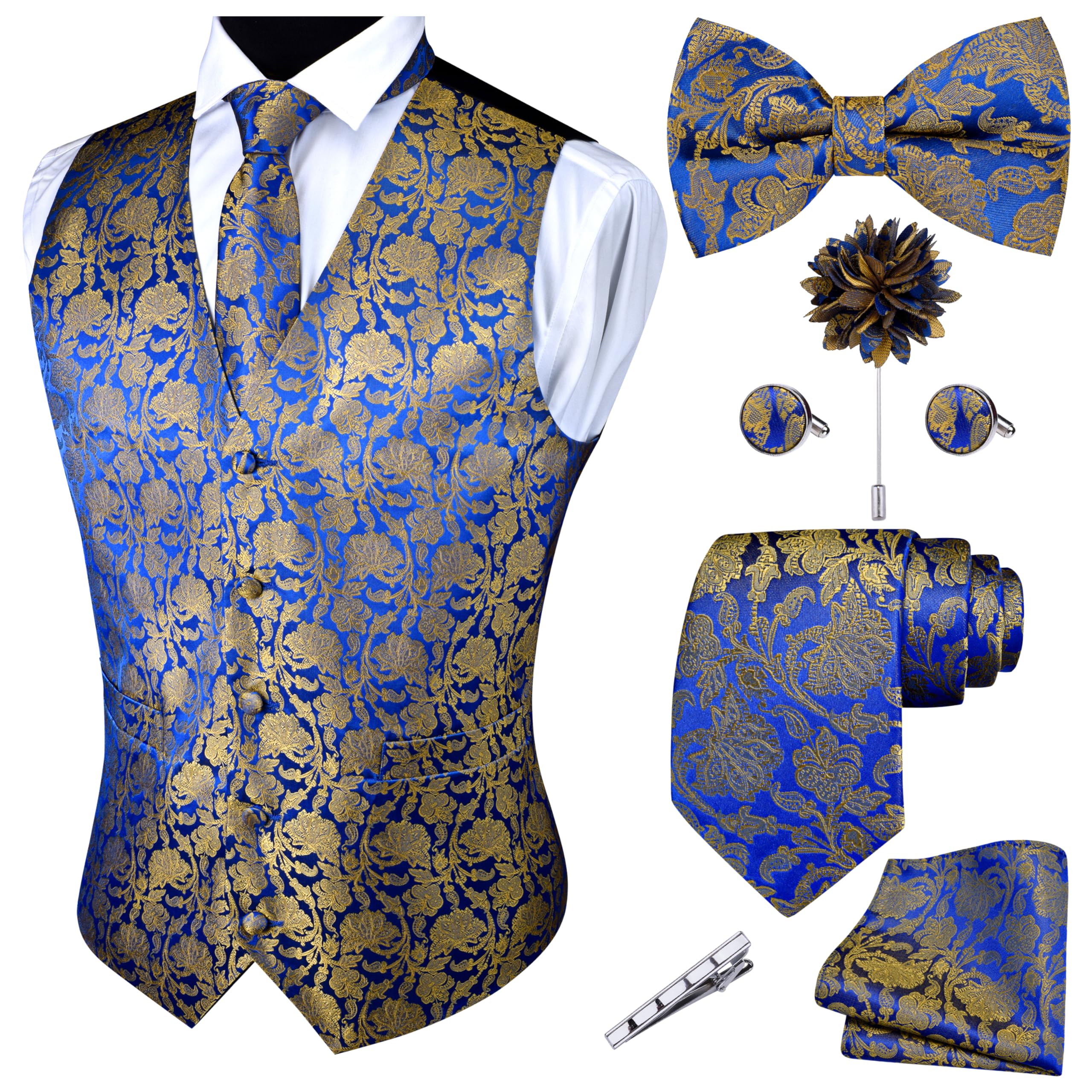 GUSLESON Mens Gold Blue Floral Suit Vest Tie and