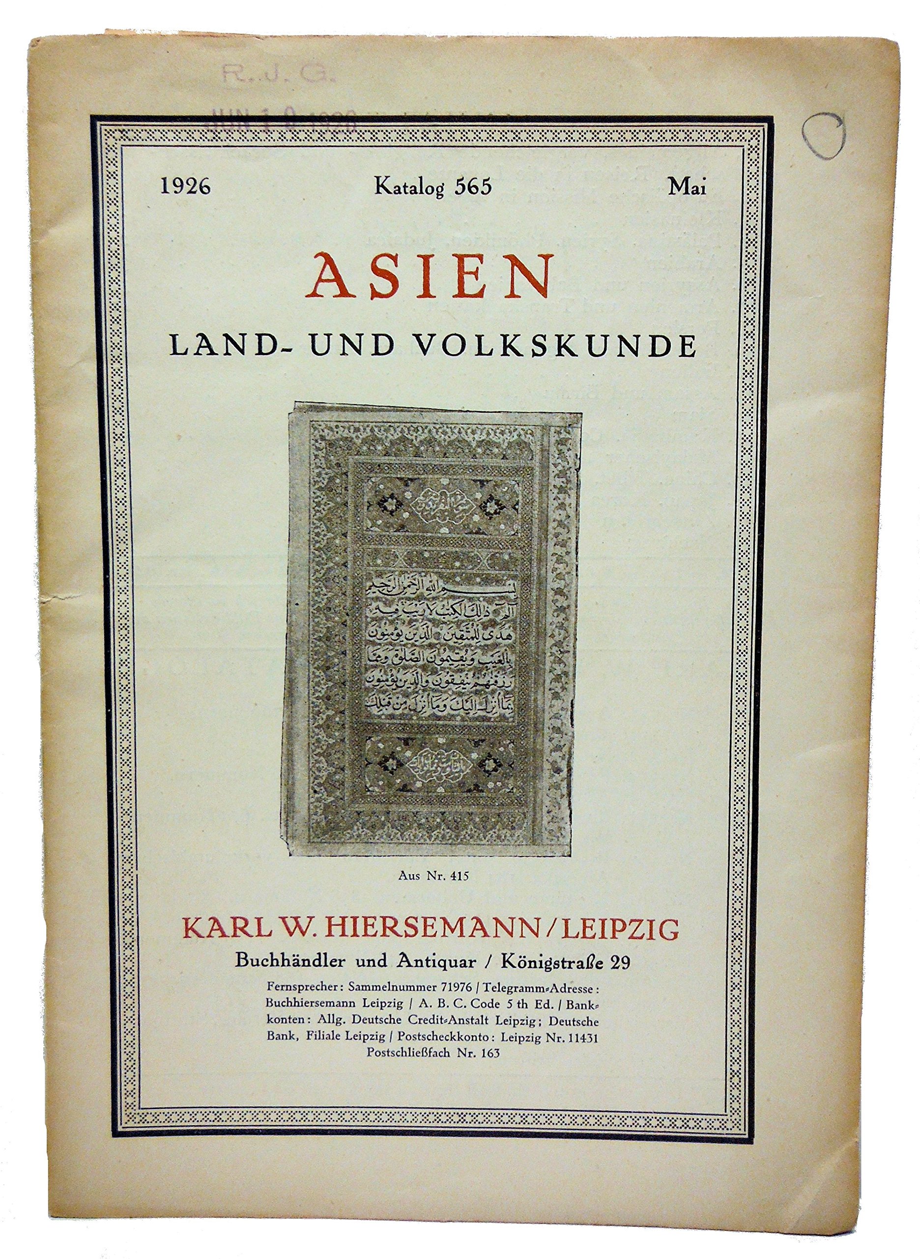 1926 Katalog 565 Mai Asien Land Und Volkskunde Karl W