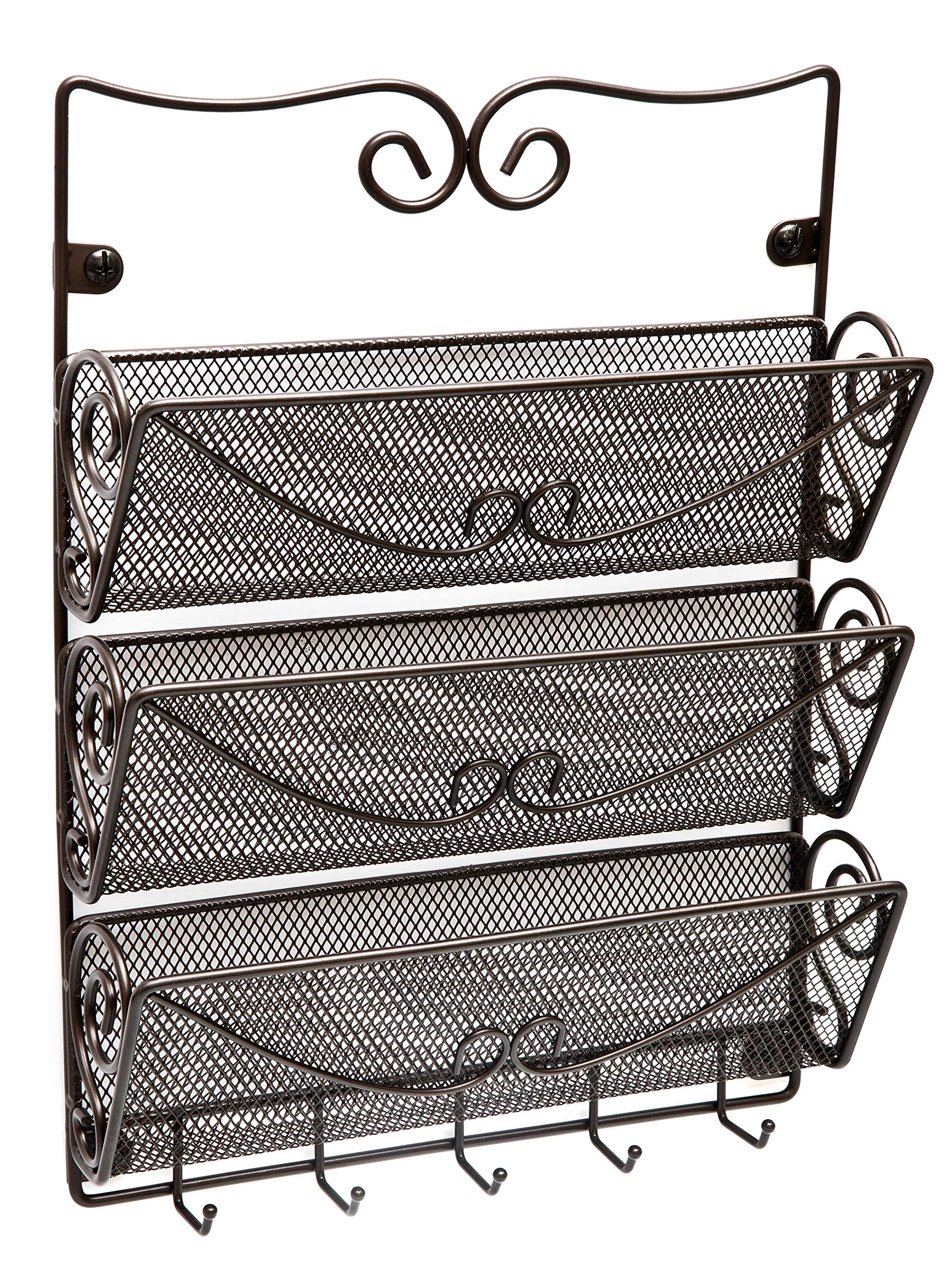 Amtido 3-Tier Wall Mount Letter Rack & Key Holder - Letter Organiser – Bronze Finish – Ideal for Letters and Key Holding