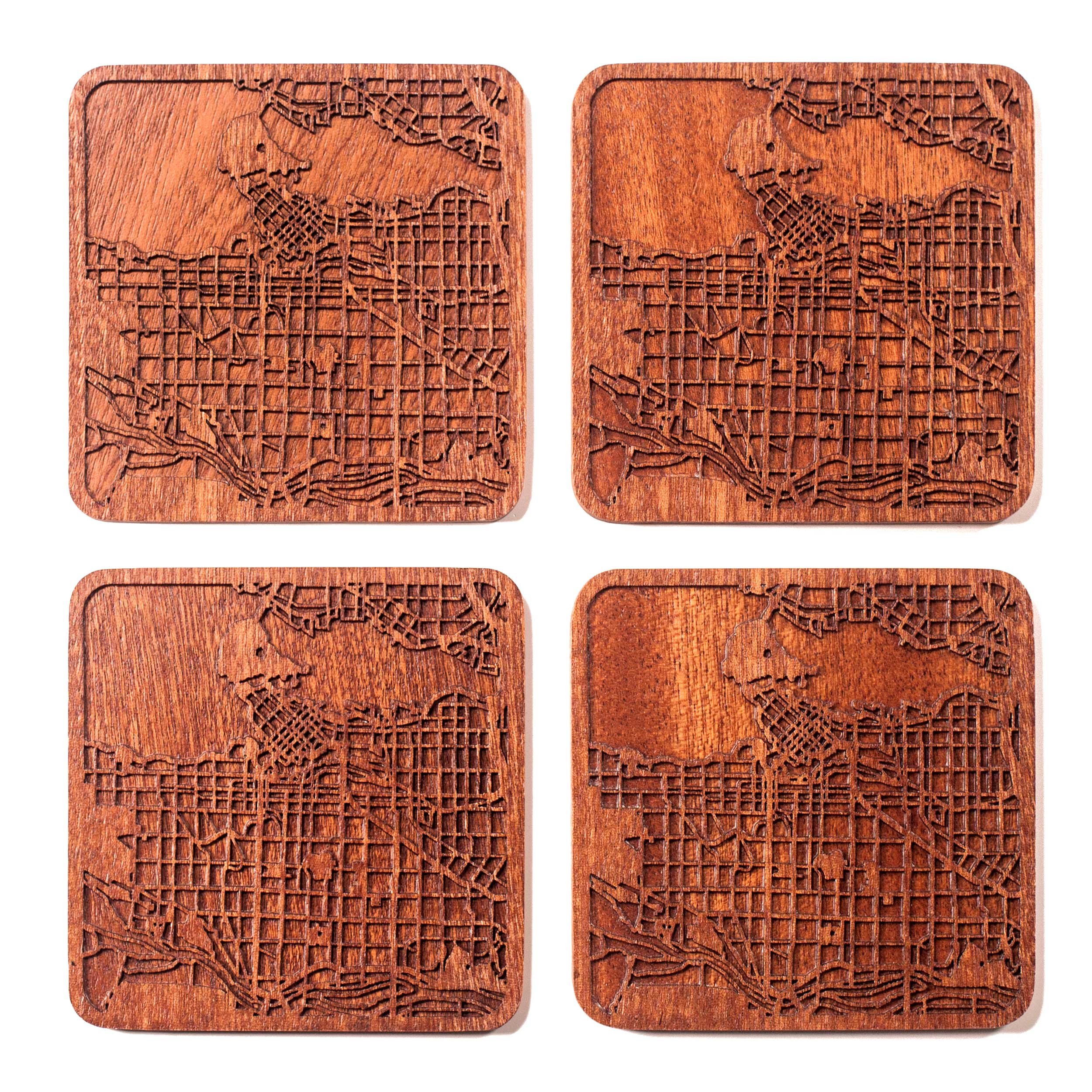 Vancouver Map Coaster, Set of 4, Sapele Wooden Coaster with City Map, Handmade