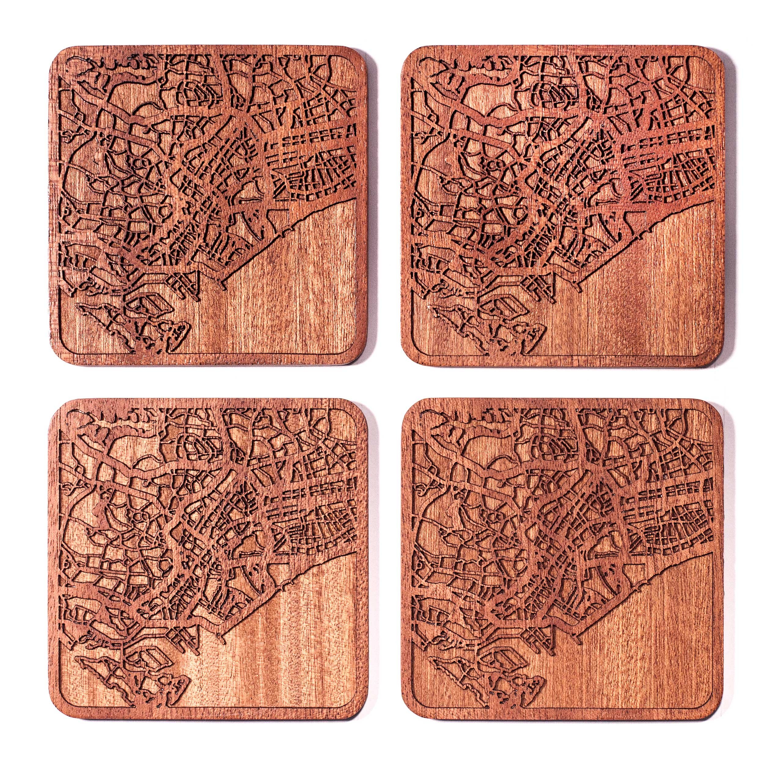 Singapore Map Coaster, Set of 4, Sapele Wooden Coaster with City Map, Handmade