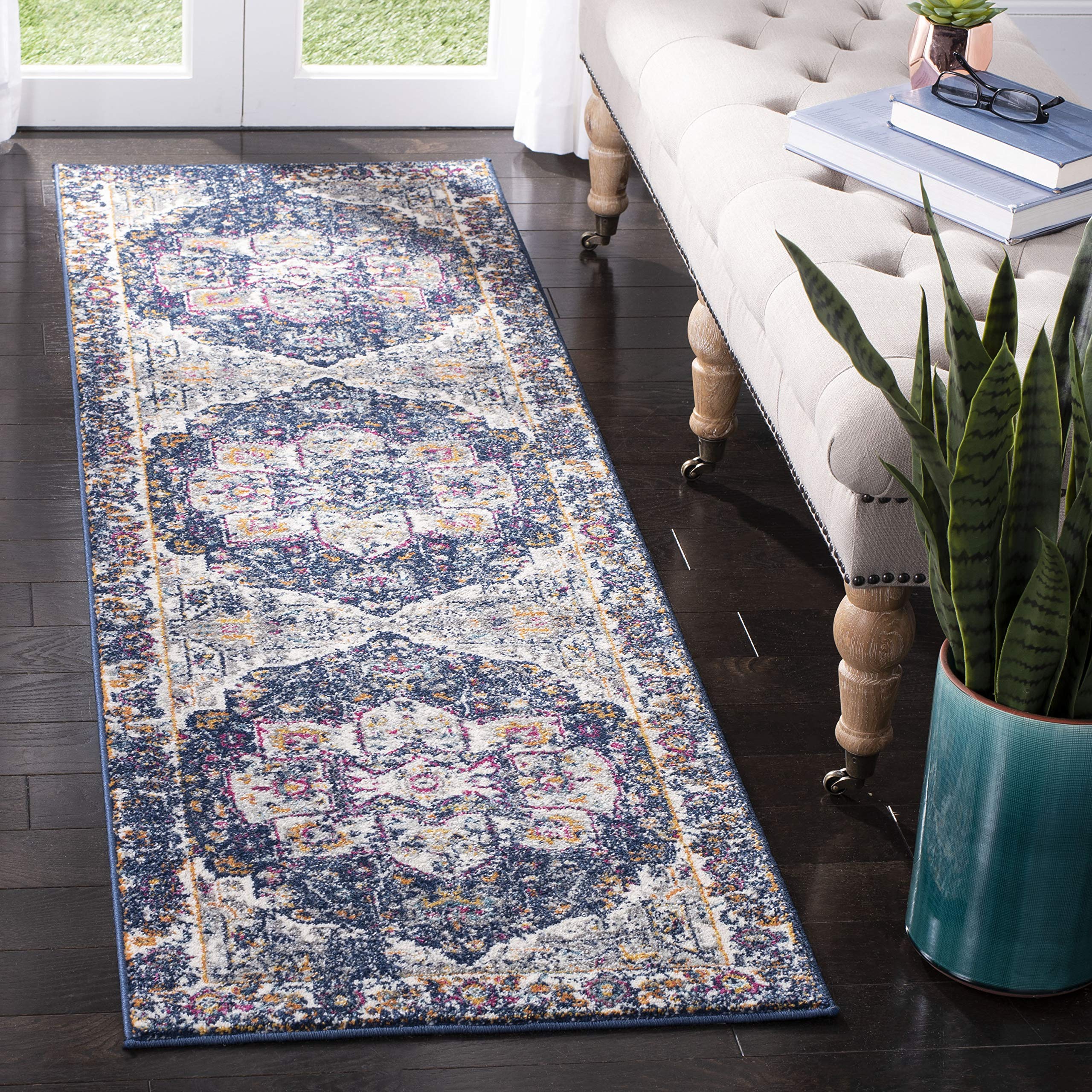 SAFAVIEH Evoke Collection Runner Rug - 2'2" x 7', Navy & Grey, Oriental Medallion Distressed Design, Non-Shedding & Easy Care, Ideal for High Traffic Areas in Living Room, Bedroom (EVK275N) Image