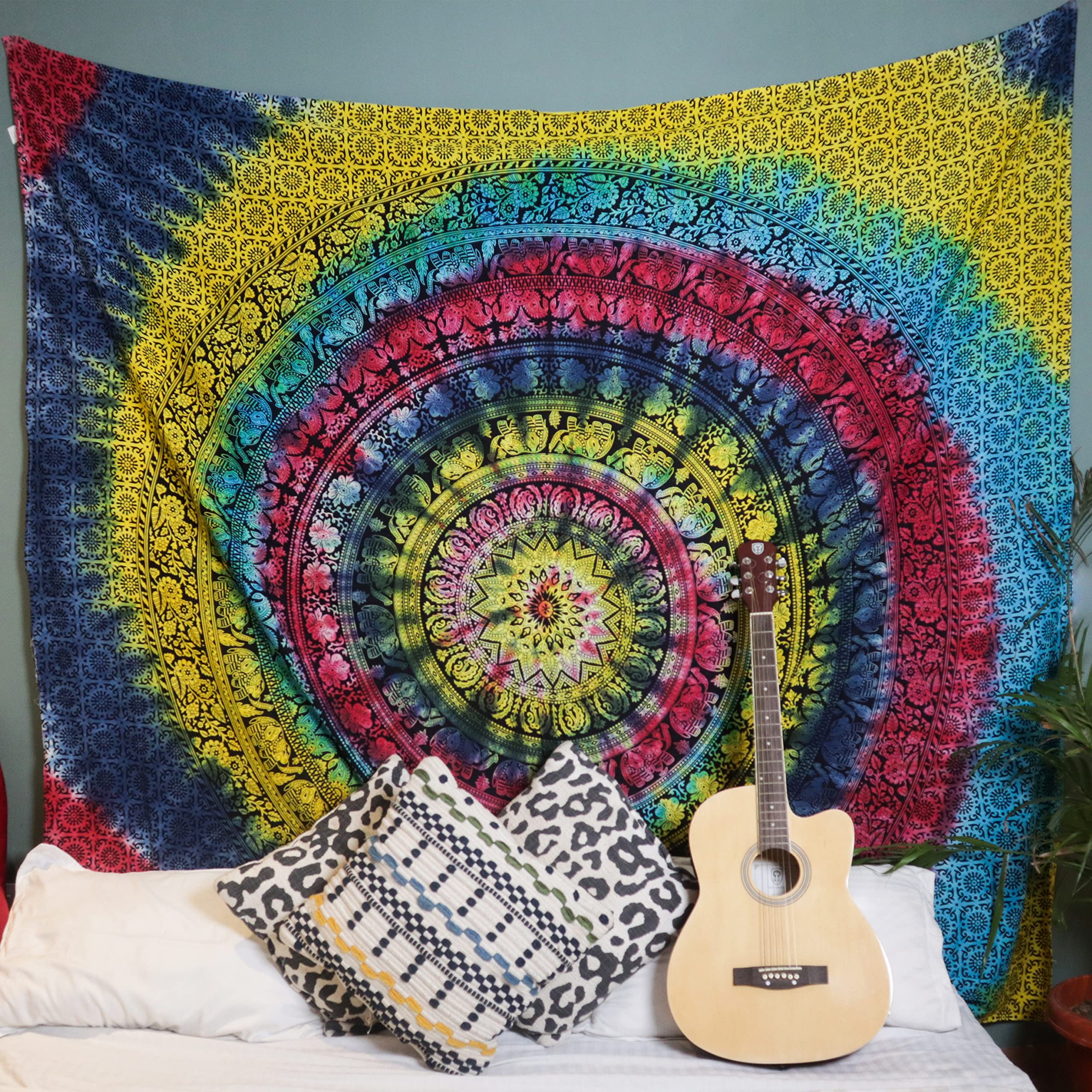 Craft Trade Mandala Elephant Tapestry Rainbow Wall Hanging Tapestry Boho Hippie Tapestries for Decor Living Room Yoga Meditation and Bedroom - 213x228 cm