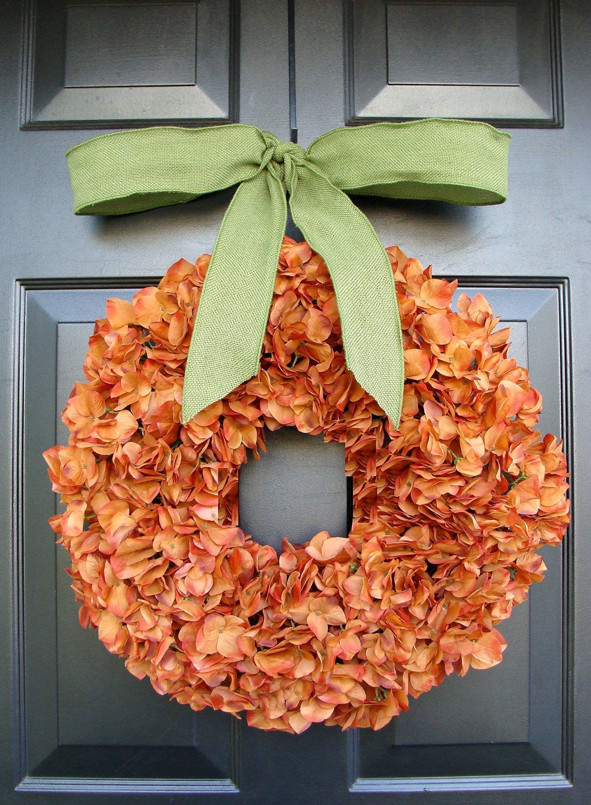 Elegant Holidays Handmade Silk Hydrangea Wreath (Orange, Red or Green) with Bow, Great for All Seasons and Holidays- Decorative Front Door to Welcome Guests- for Outdoor or Indoor-Home Wall Décor