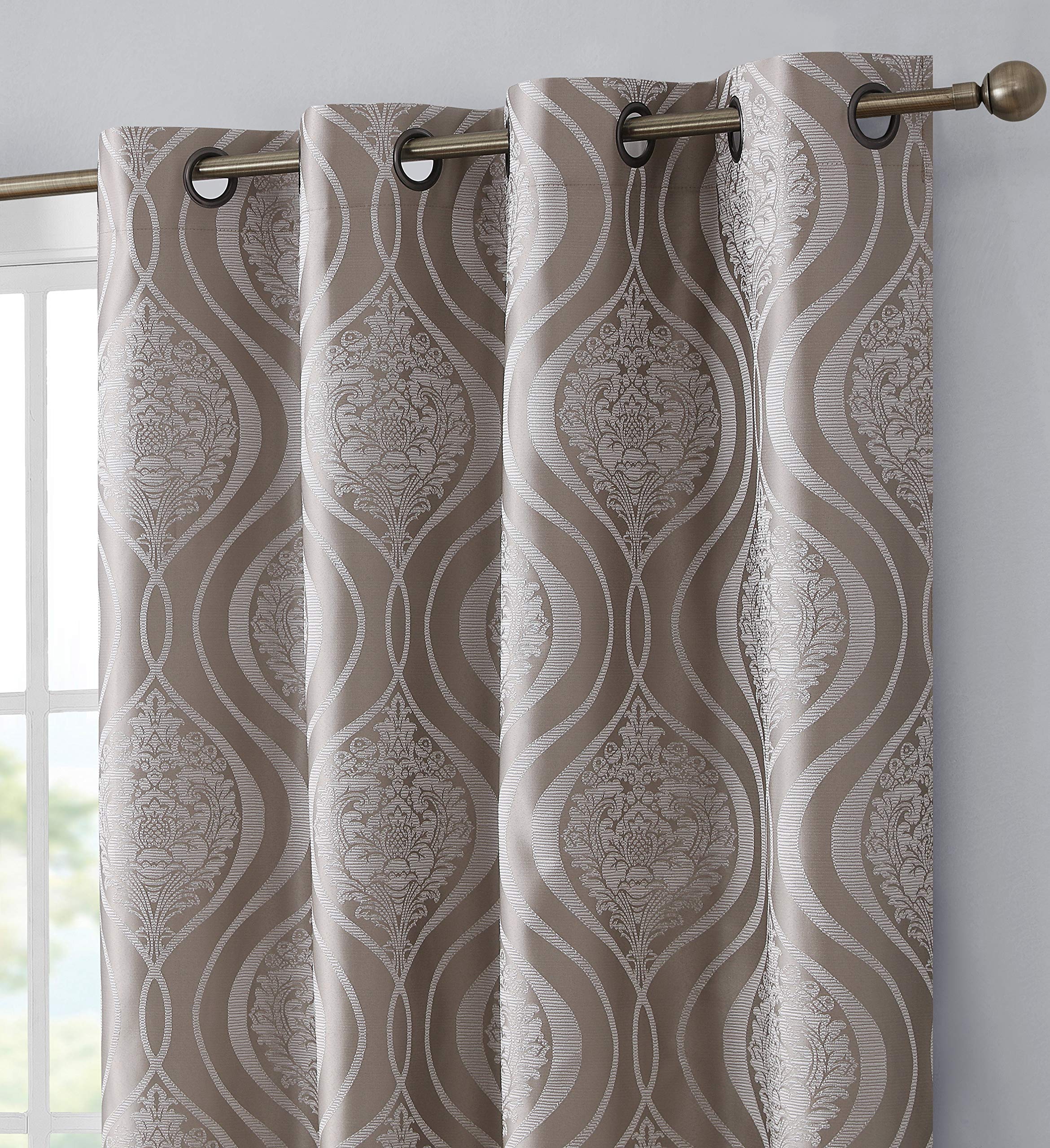 HLC.ME Montero Damask 100% Blackout Shading Thermal Insulated Energy Efficient Heat/Cold Absorbing Grommet Heavy Curtain Panels for Living Room - 52 W x 84 L per Panel, Taupe Brown (Pack of 2) Image HLC.ME Montero Damask 100% Blackout Shading Thermal Insulated Energy Efficient Heat/Cold Absorbing Grommet Heavy Curtain Panels for Living Room - 52 W x 84 L per Panel, Taupe Brown (Pack of 2) Image