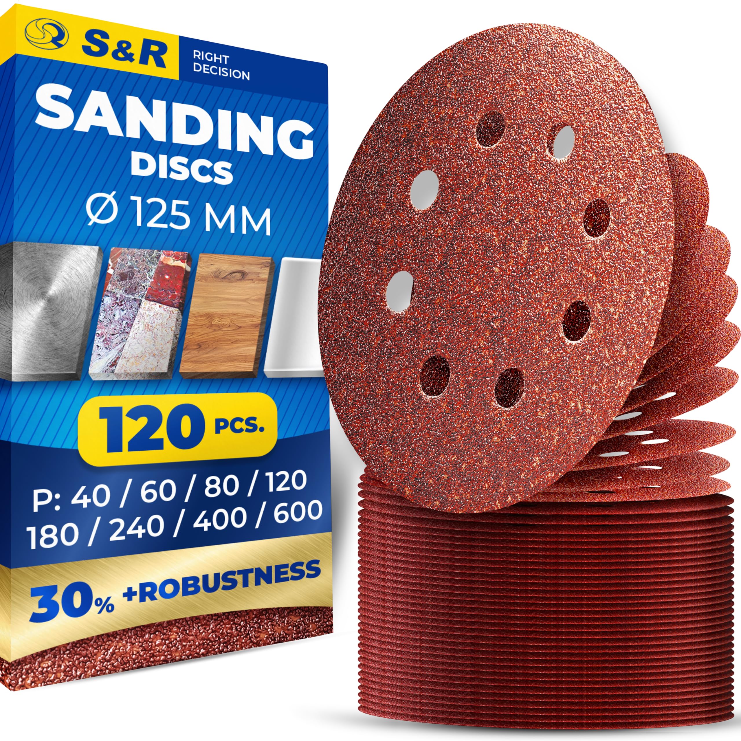 S&R Hook and Loop Sandpaper Set 125 mm, Meister, 8 holes, 120 sanding sheets, sanding discs for random-orbit sanders, 15 sheets each of grits P40, P60, P80, P120, P180, P240, P400 and P600