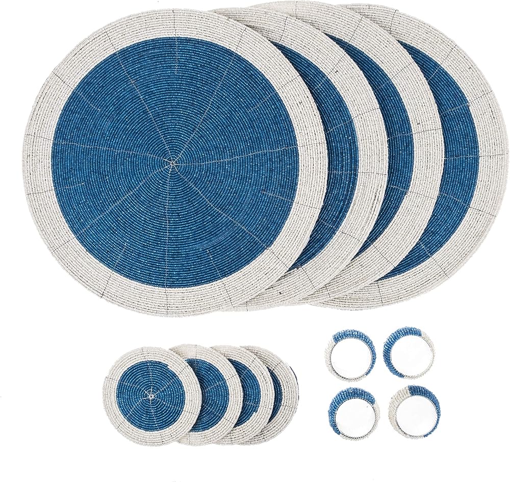 Penguin Home Handcrafted Glass Beaded Placemats Coasters Napkin Rings Set 12