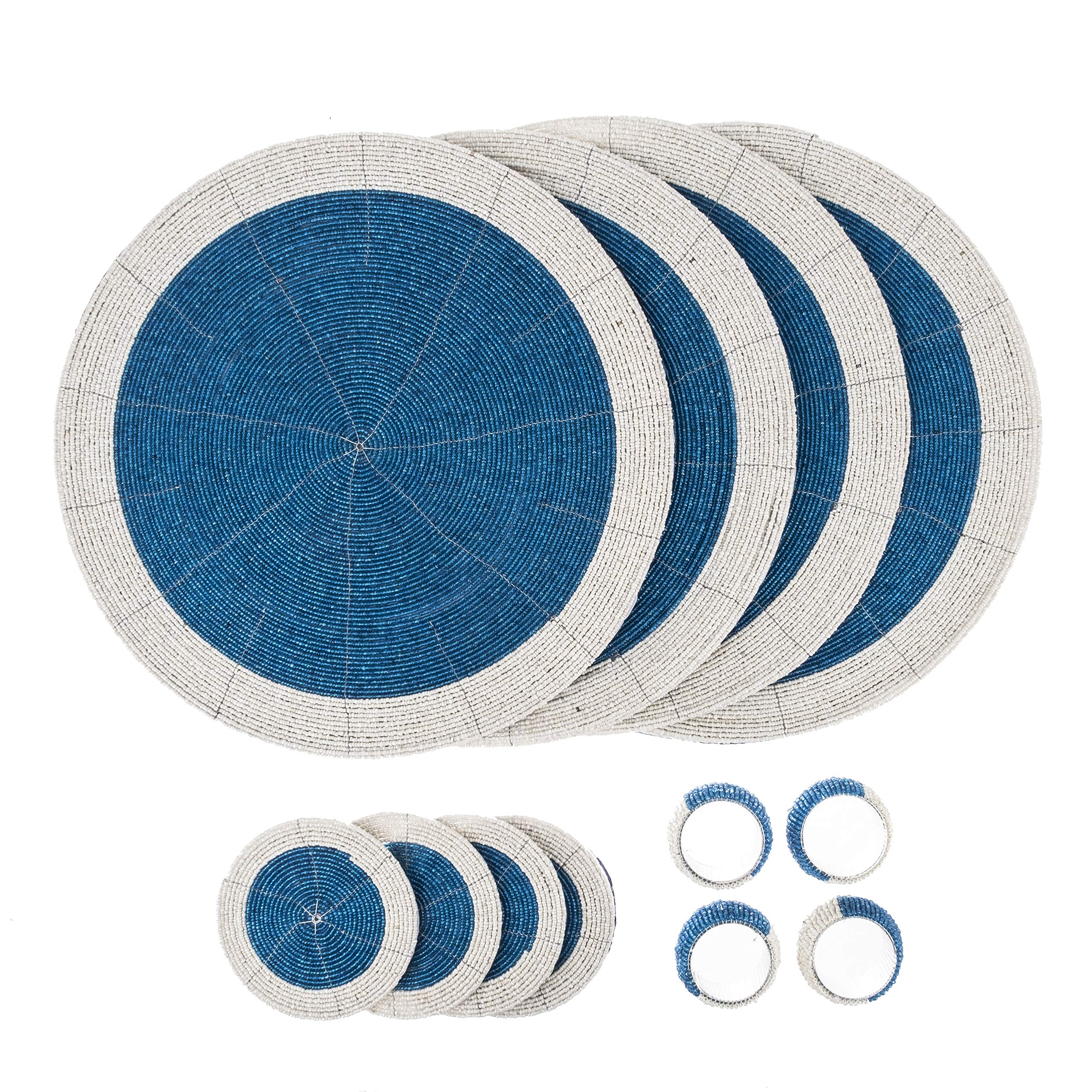 Penguin Home Handcrafted Glass Beaded Round Placemats, Coasters & Napkin Rings Set of 12 - Handmade Table Place Mats for Dining - 32 cm (13") Diameter (Blue and White)