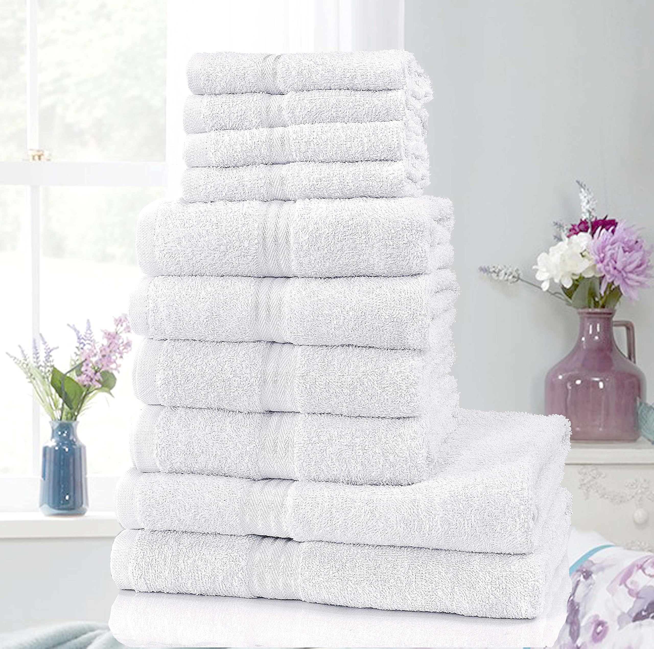 Sunshine Comforts Luxury 100% Natural Egyptian Cotton 10pc Hotel Towel Bale Set- Face Hand Bath Towels (White)