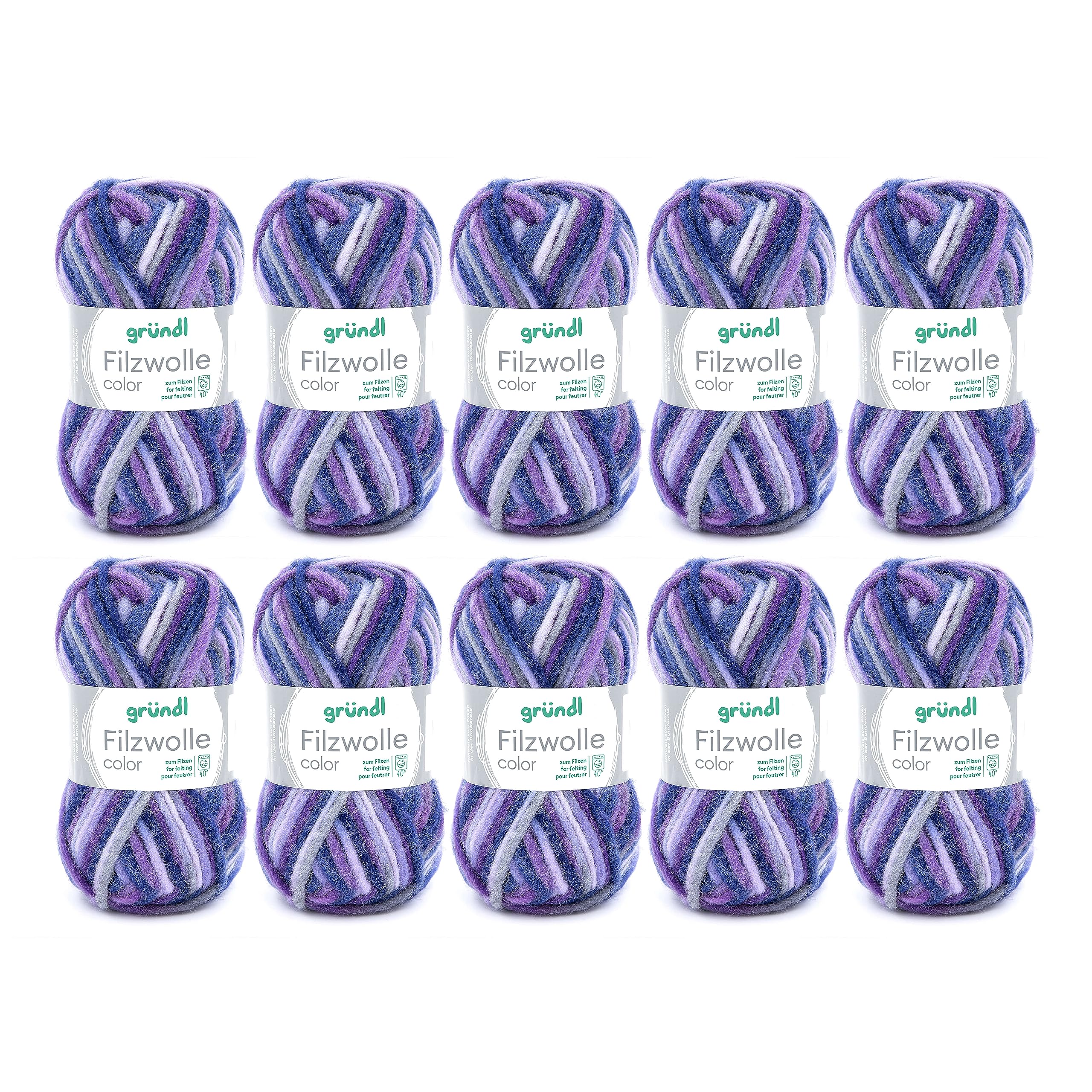 Gründl felting wool colour, (OEKO-TEX ® certified, 100% virgin wool for felting, 50 g / 50 m, needle size: 8-9, 10 balls á 50 g), stone-grey-purple-lilac multicolour
