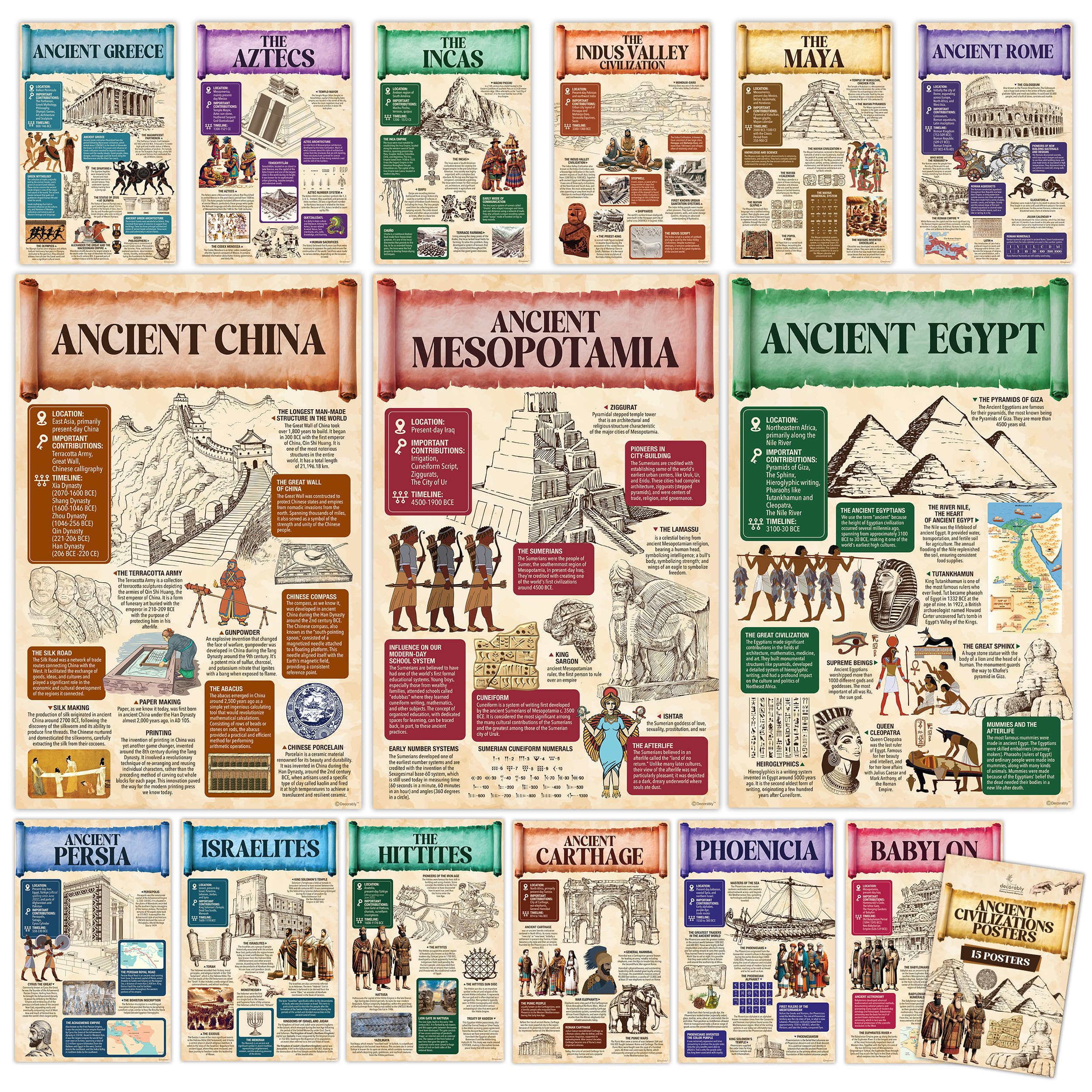 Photo 1 of Decorably 15 Ancient Civilizations Posters for Classroom, 11x17in Matte-Laminated Educational World History Posters for Classroom, World History Timeline Poster - School Hallways, Home Study Room