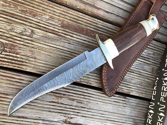 Perkin Damast Jagdmesser mit Lederscheide - Bowie Messer