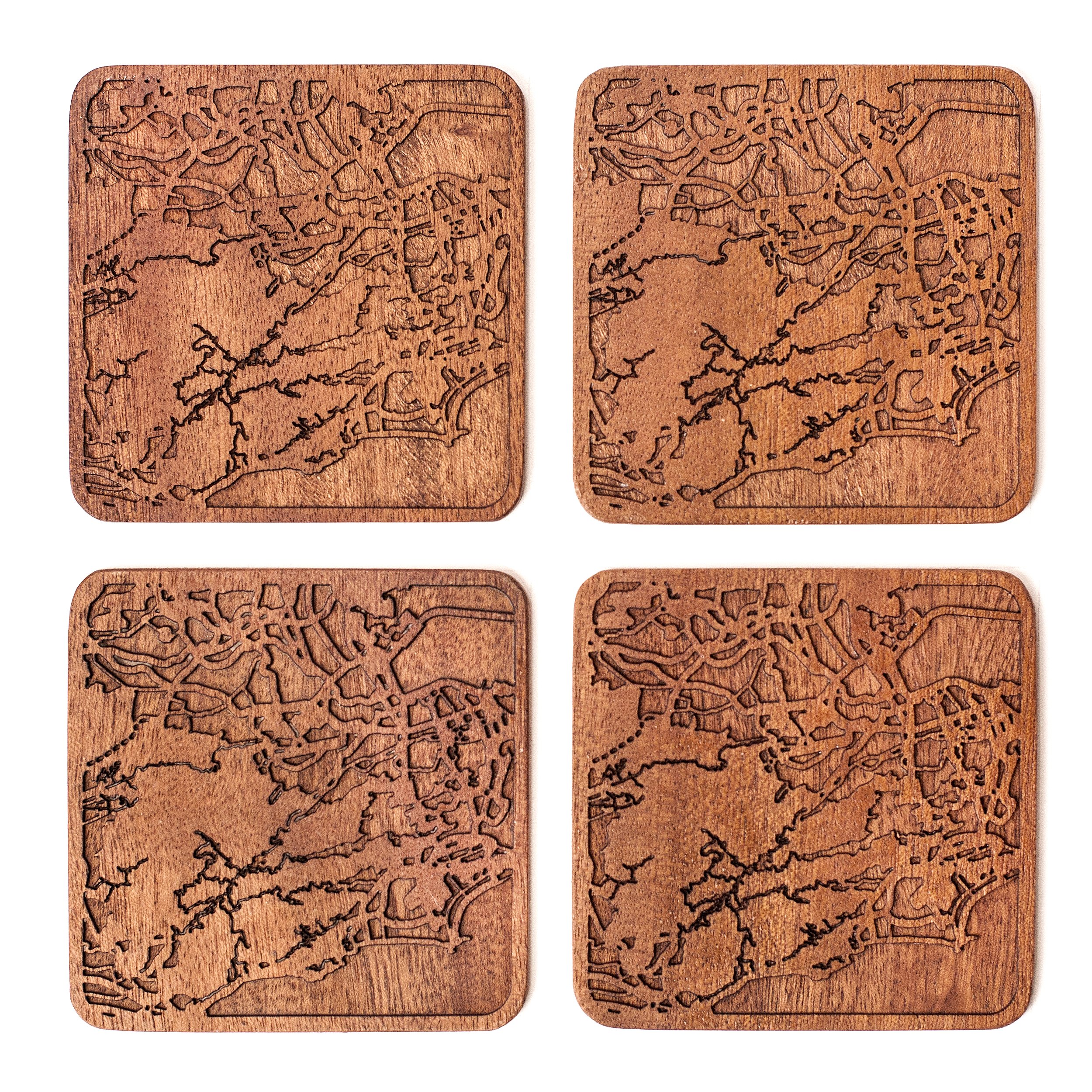Rio de Janeiro Map Coaster, Set of 4, Sapele Wooden Coaster with City Map, Handmade