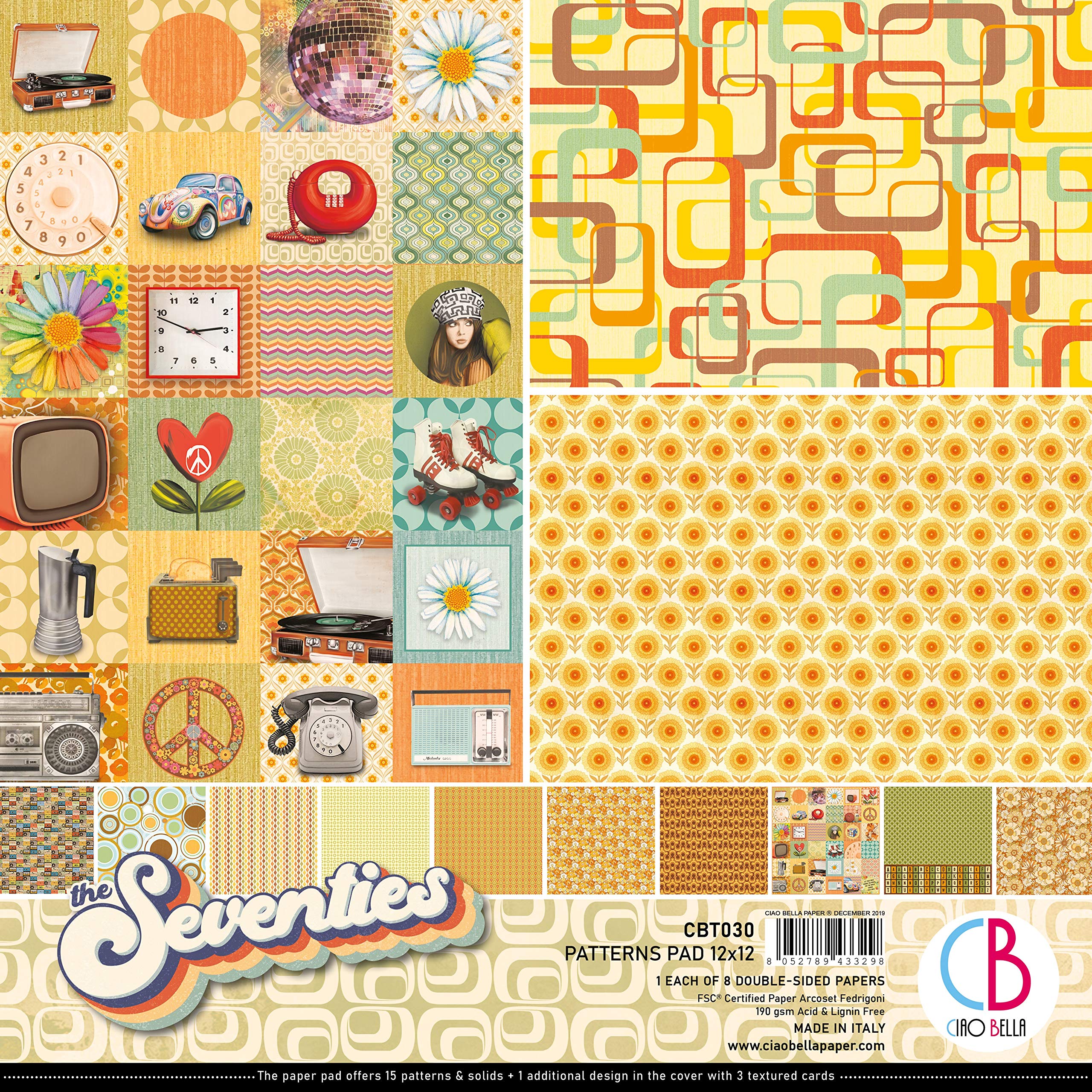 CIAO BELLA PAPER Paper PAD 12" 8/PKG, The Seventies, 8 Designs/1 Each, One Size