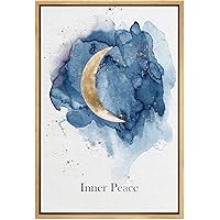 SIGNWIN Framed Canvas Wall Art Inner Peace with A Gold Cresent Moon in Blue Sky Astronomy & Space Cosmic Watercolor Abstract Modern Scenic for Living Room, Bedroom, Office - 16