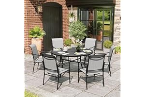 MIXPATIO 7 Piece Patio Dining Set, 6 x Textilene Dining Chairs, 52" Round Outdoor Dining Table with 1.57" Umbrella Hole, for Garden Lawn Porch and Backyard Poolside, Grey