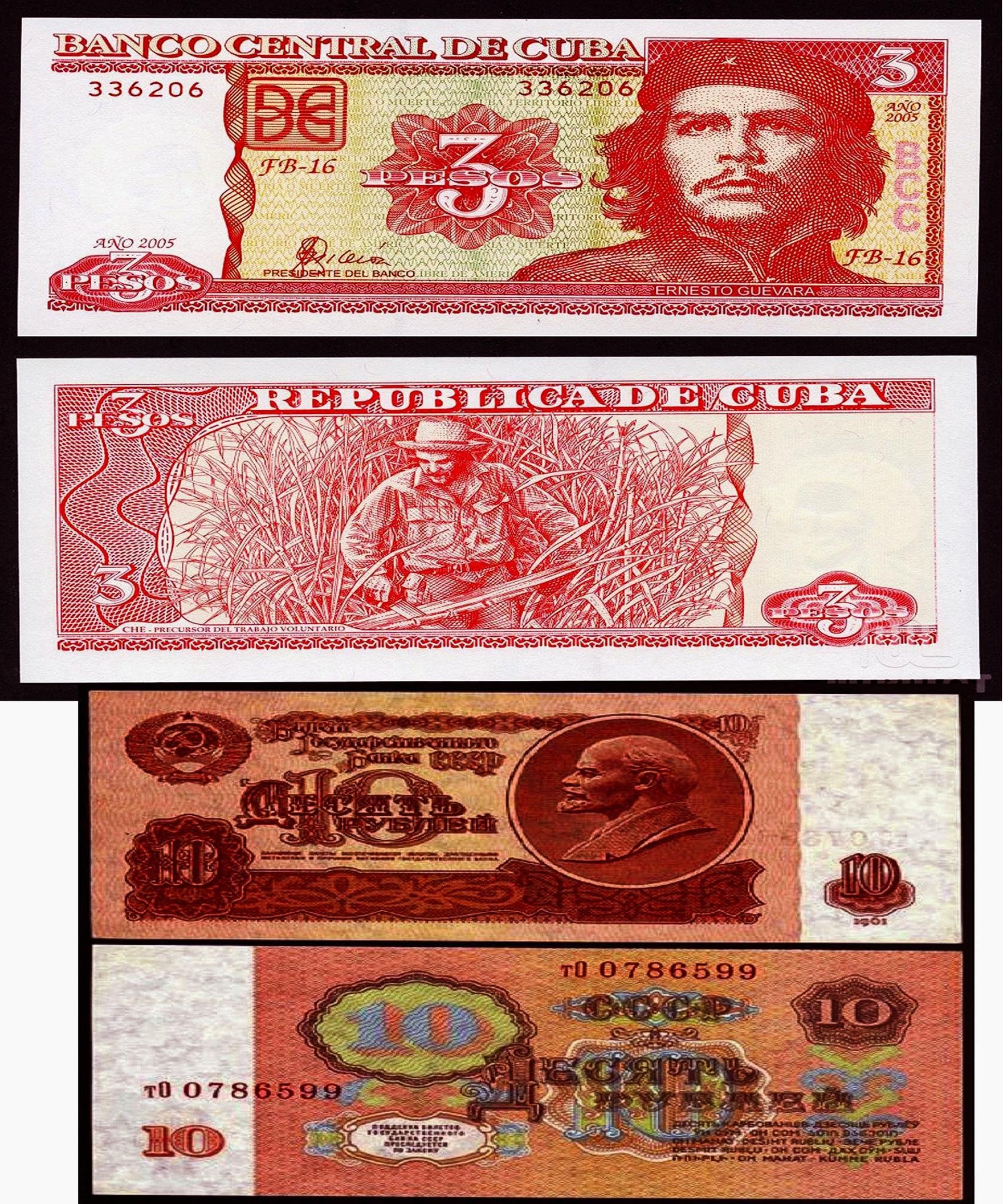 1961 USSR Soviet Russia Old Lenin A - UNC 10 Rouble Banknote & 2004 Cheguevara Carribean Island UNC 3 Peso Notes Rare Set - Genuine World Currency Paper Money for Collectors