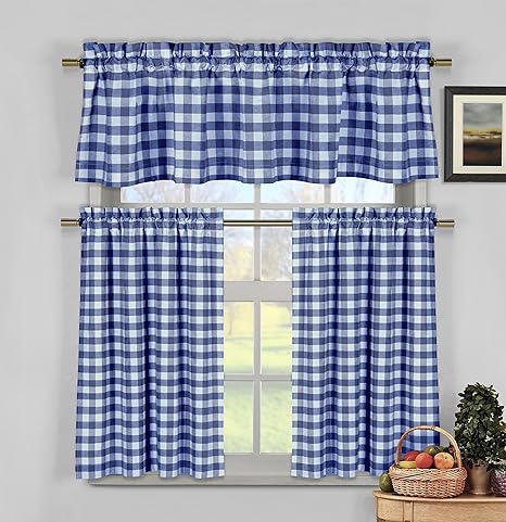 Buy Kitchen Curtains 3 Pc Navy Blue White Gingham Checkered