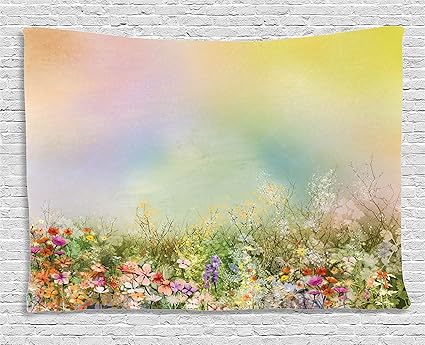Ambesonne Watercolor Flower Home Decor Tapestry Cosmos Daisy Cornflower Wildflower Dandelion In Floral Meadow Scene Wall Hanging For Bedroom Living - 