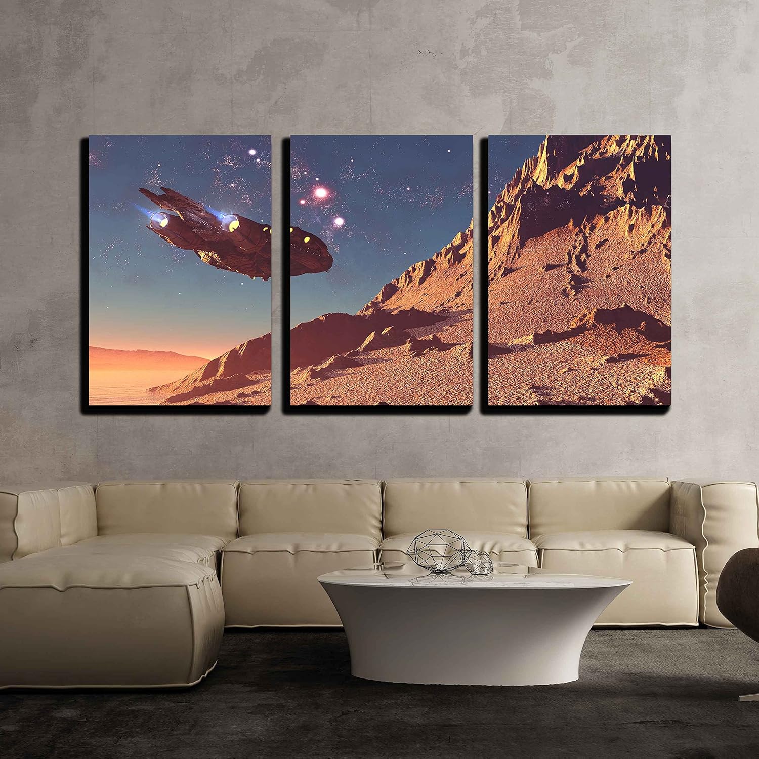 3 Piece Canvas Wall Art - Spaceship on The Background of The Planet - Modern Home Art Stretched and Framed Ready to Hang - 16