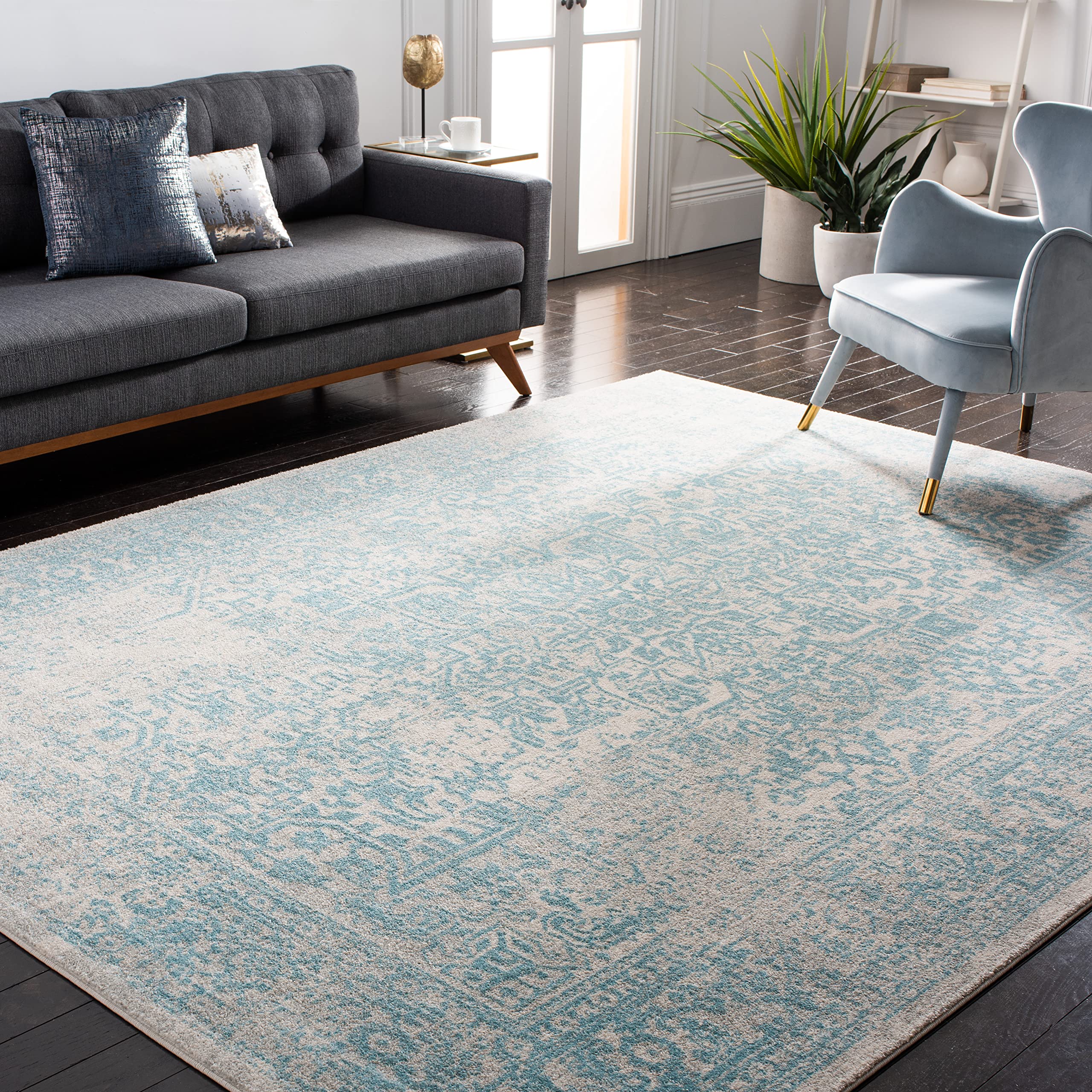 SAFAVIEH Area Rug 11×15 – Evoke Collection – Large – Ivory & Aqua, Distressed Design, Non-Shedding & Easy to Clean, Ideal for Living Room, Bedroom, Dining Space (EVK256J)