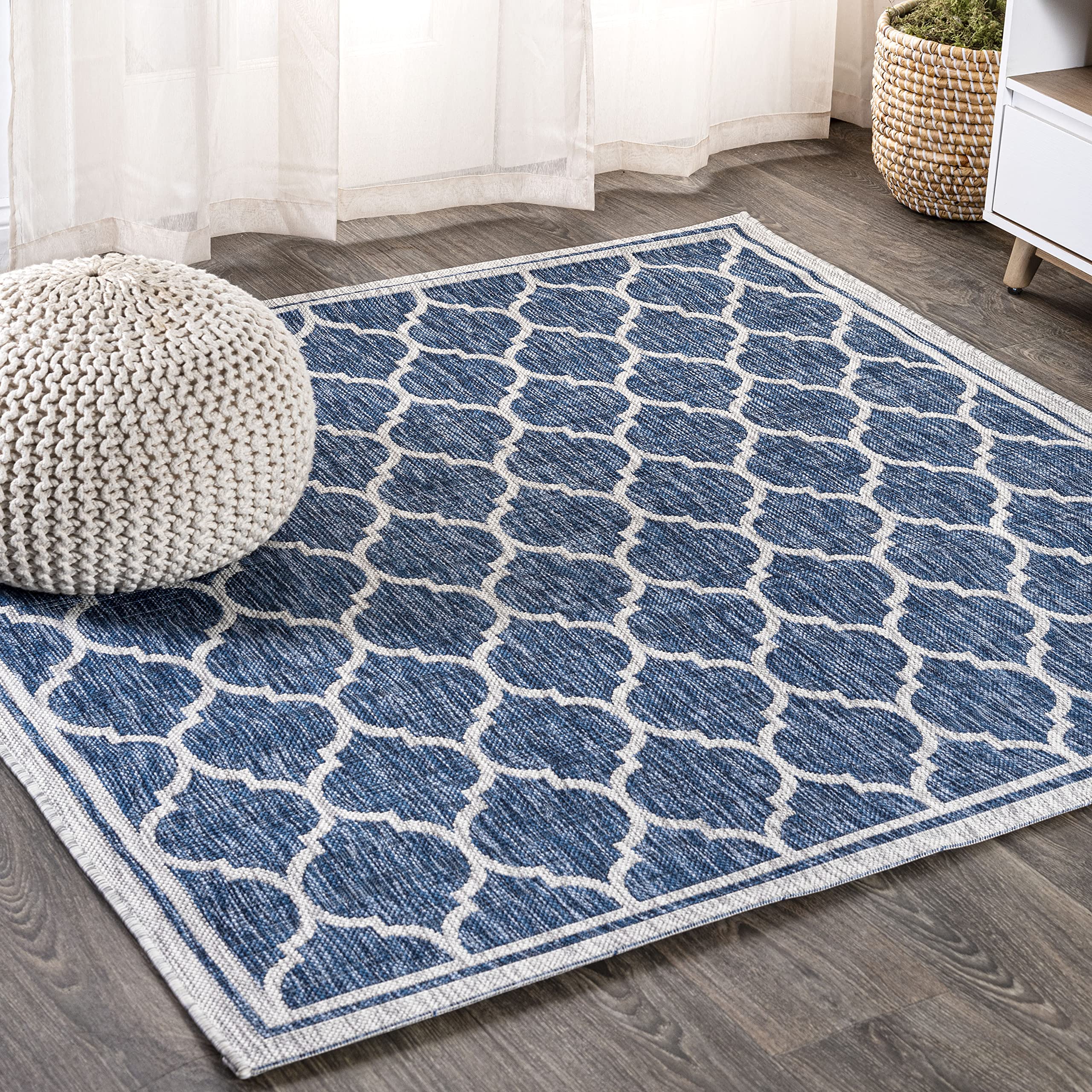 JONATHAN Y Moroccan Trellis Indoor Outdoor Square Area Rug 9X9 Navy/Gray, Trebol Textured Weave for Backyard, Patio, Porch, Easy-Cleaning, High Traffic, Pet-Friendly, Non-Shedding (SMB109D-9SQ) Image