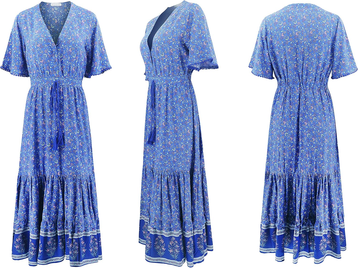 R.Vivimos Womens Summer Cotton Short Sleeve V Neck Floral Print Casual Bohemian Midi Dresses: Clothing