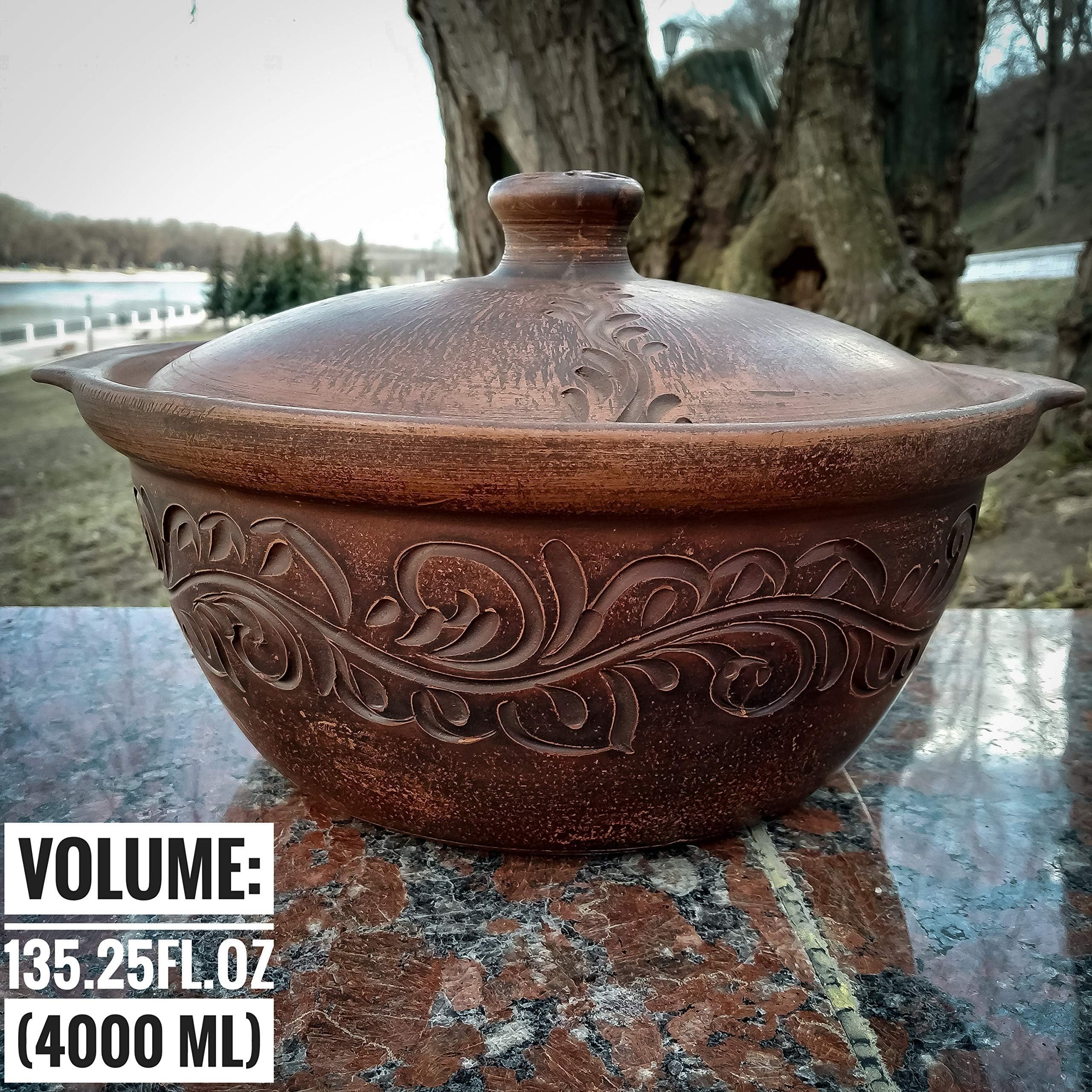 Ceramic casserole Volume 135.25 fl. oz With lid and handles Handmade from natural material red clay An eco-friendly pot for baking food