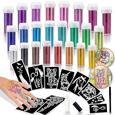 INGALA professionelles Glitzer Tattoo Set Kinder und Familien. 24 feine Glitzerpulver Farben, detaillierte Temporäre Tattoos 