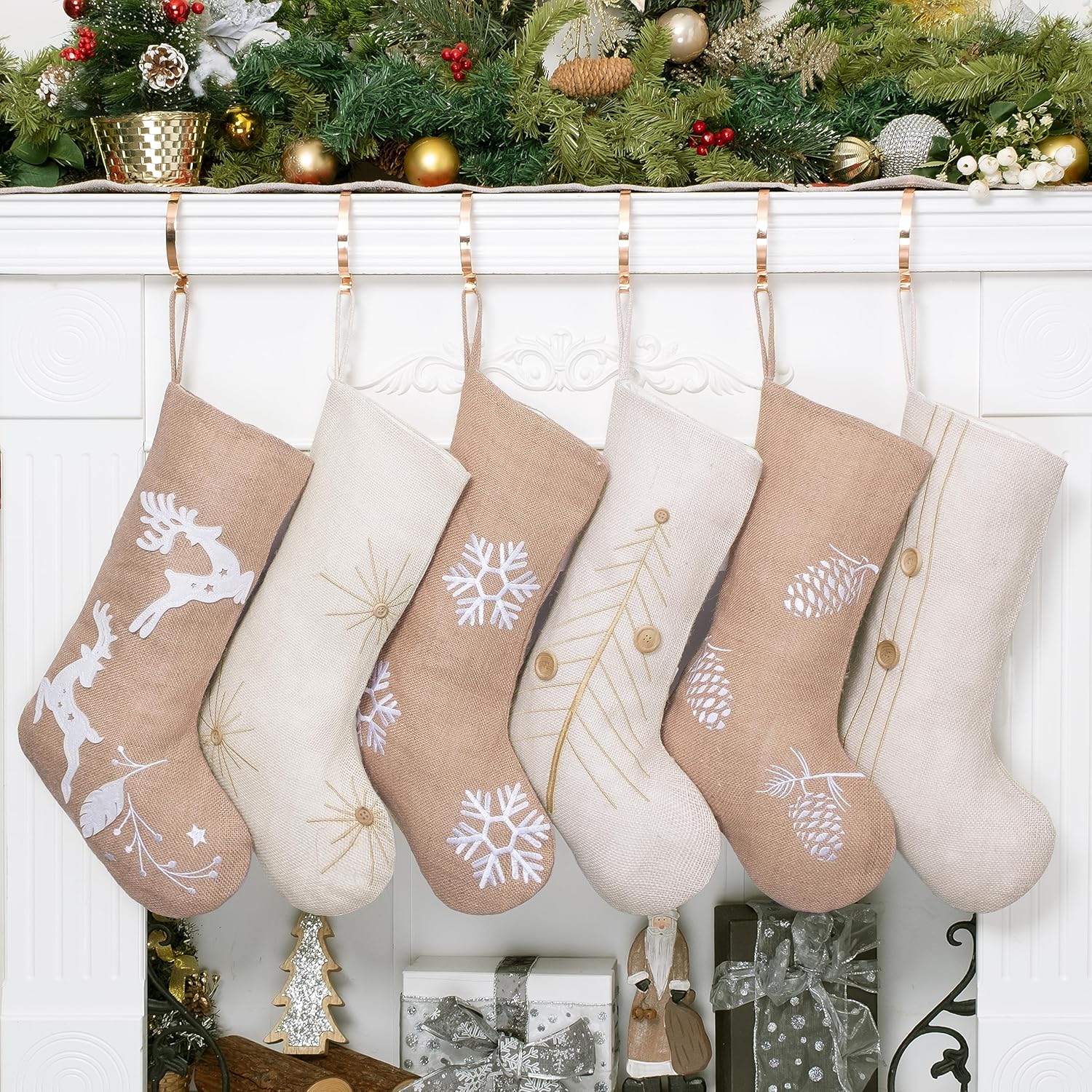 Stockings & Holders - GEX Christmas Stockings 6 Pack 18.5” Burlap Linen Large Original Xmas Stockings for Family Decor Hanging Ornament Holiday Fireplace Decorations Gift Set of 6
